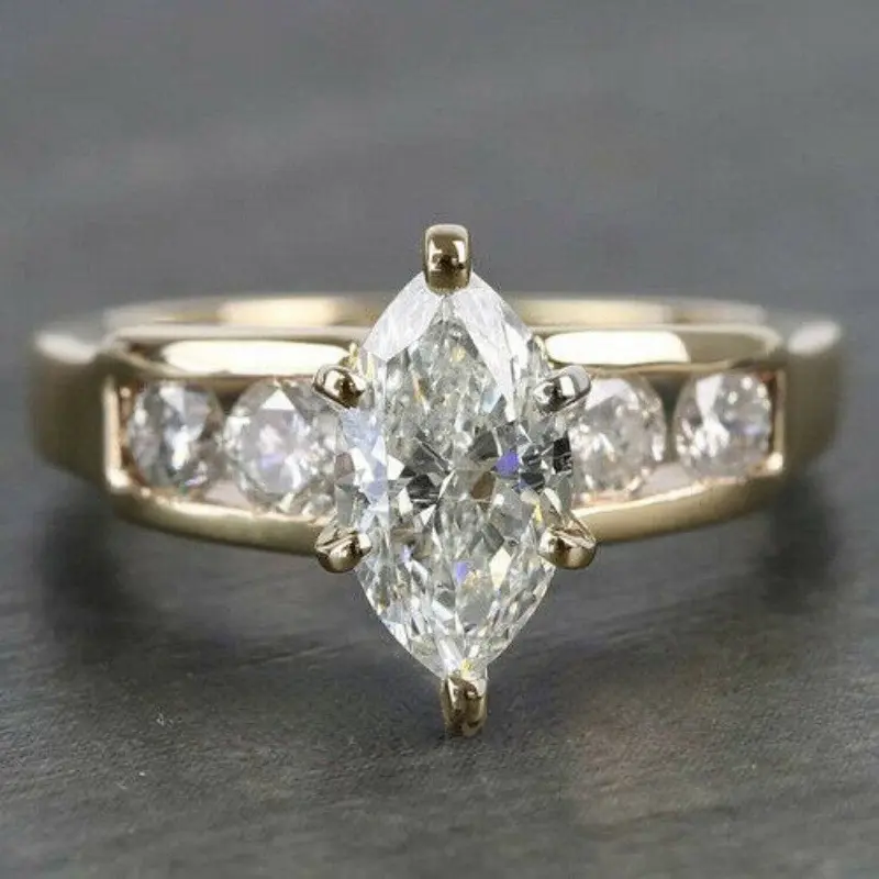 [NB] 18K Gold Plated Marquise Cut Cubic Zirconia Ring for Women, Delicate Channel Set Side Stones Statement Band, Hypoallergenic Tarnish Resistant Best Selling Fashion Jewelry, Ideal Daily Wear, Anniversary & Birthday Gift for Her