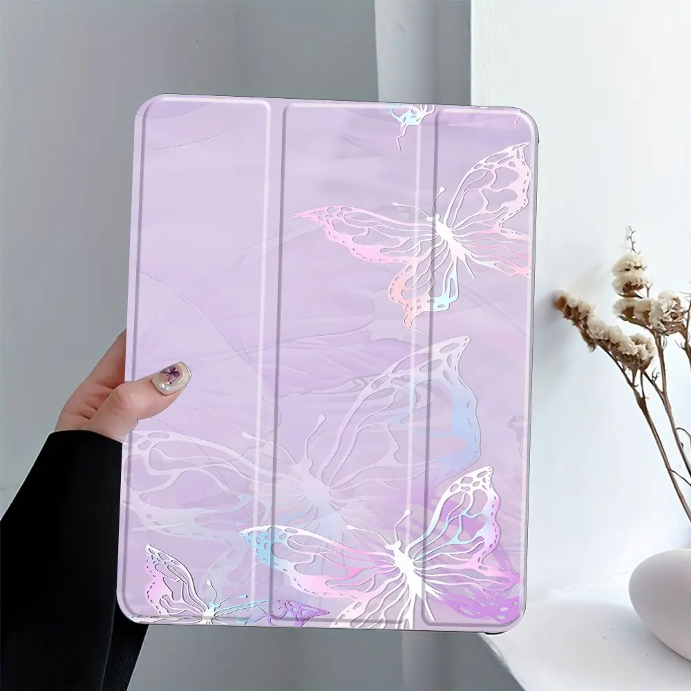 Dreamy Purple Butterfly Acrylic Tri-fold iPad Case with Pencil Holder, Shockproof Protective Tablet Cover for iPad 7.9/8.3/10.2/10.5/10.9/11/12.9/13 inch, Hollow Out Fairy Butterfly Pattern for Aesthetic Lovers, Perfect for Daily Use & School
