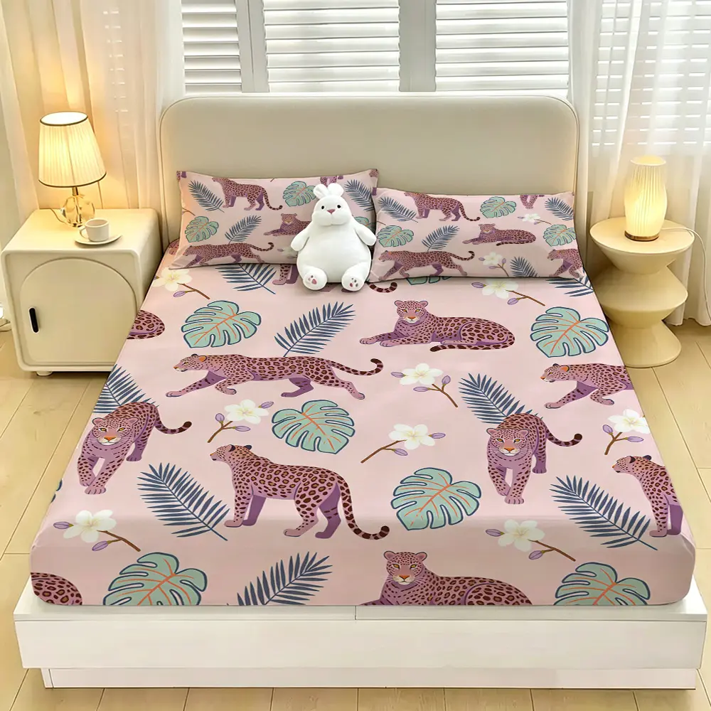 A 3-piece digital-printed bedding set with a pink base and leopard-print plant motifs. It includes one bedspread and two pillowcases, without a filling. The soft and comfortable bedspread features a deep pocket design and is perfect for gifting pur