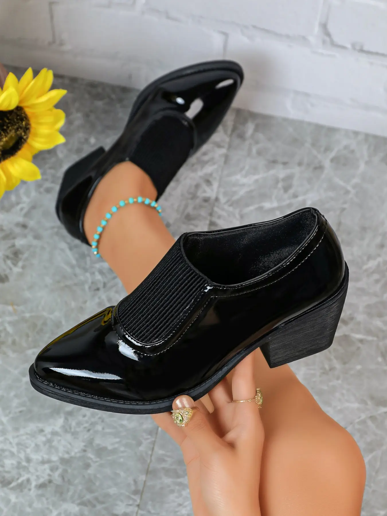 Women Vintage Patent Leather Block Heel Loafers, Metal Buckle Slip On, Mid Heel Dress Shoes, Elegant Heeled Shoes, Retro Shiny Leather, Business Casual
