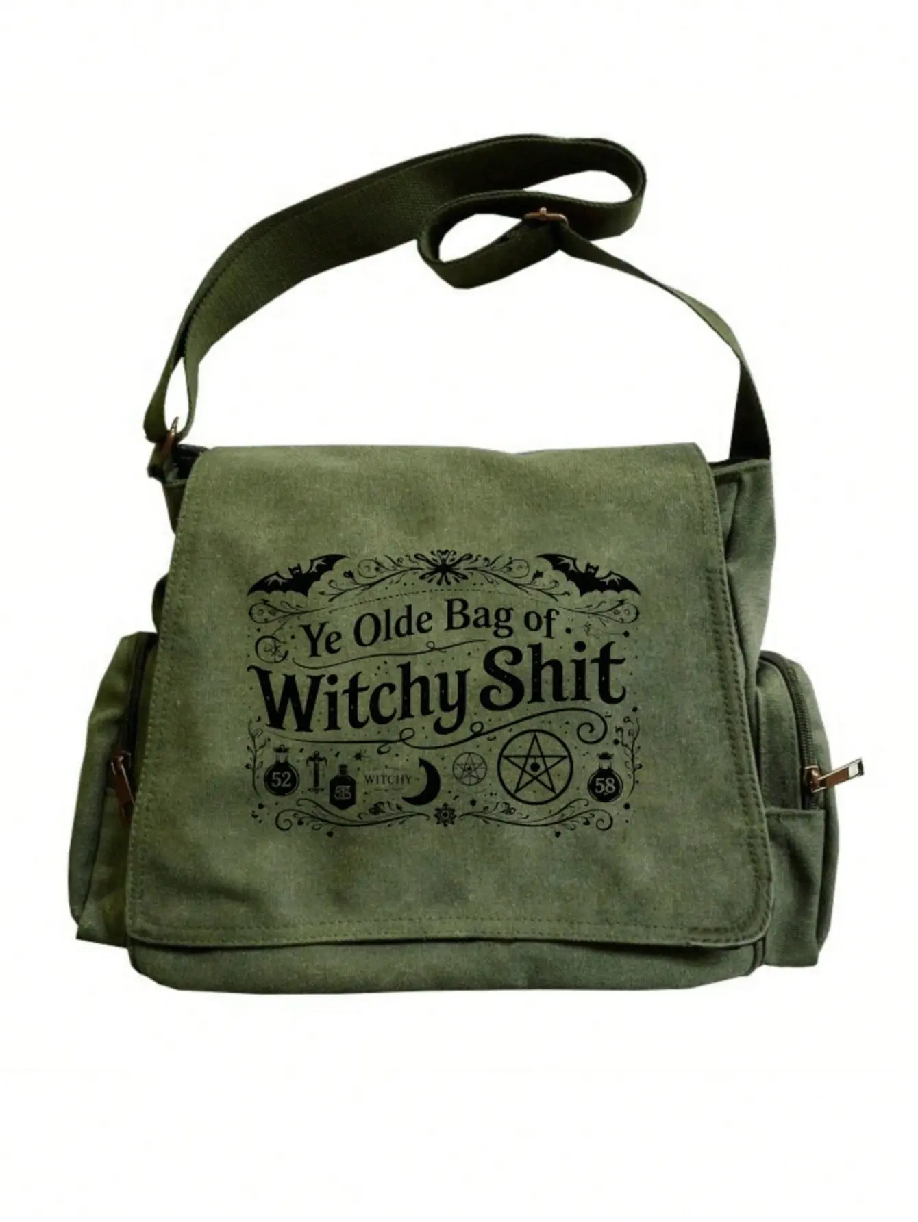 Valentine's Day Large-capacity Flip-top Retro Tote Messenger Bag Printed Pattern Contains Bat Pentagram Moon Wand and Mysterious Symbol Text vintage messenger bag