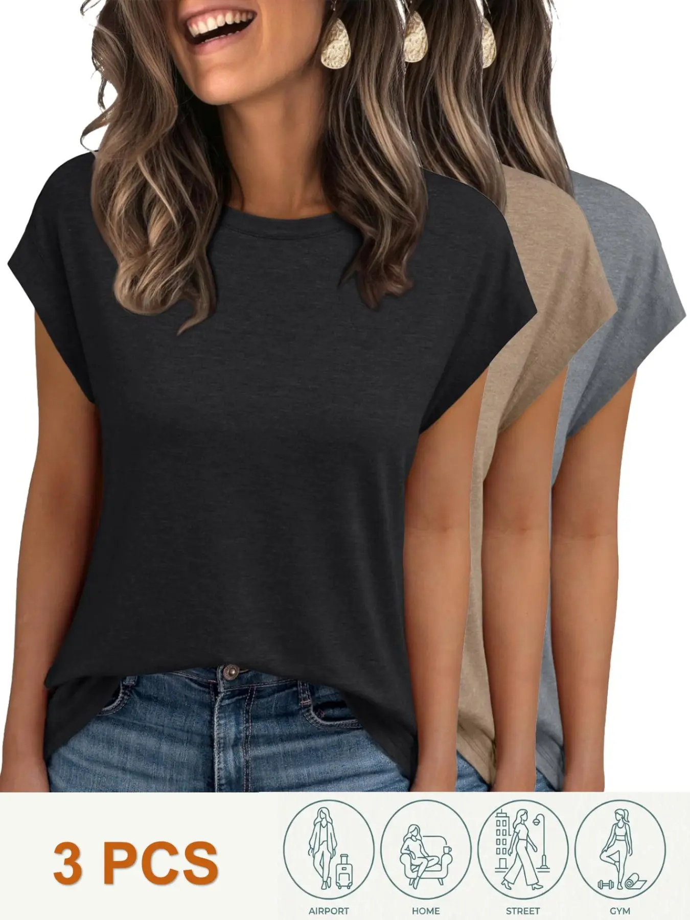 Women's Cap Sleeve Tops for Summer, Soft Stretchy Versatile Shirts, Cute Fitted Short Sleeve, Office Casual Date Everyday Wear, Fabric