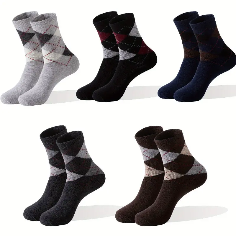 Unisex Casual Calf High Socks, 5 Pairs Retro Argyle Pattern for All Seasons, Soft & Comfortable Daily Wear, Mixed Colors, Mixed Colors-5 Pairs, Cold Wash, Cotton, Machine Washable, One-Size