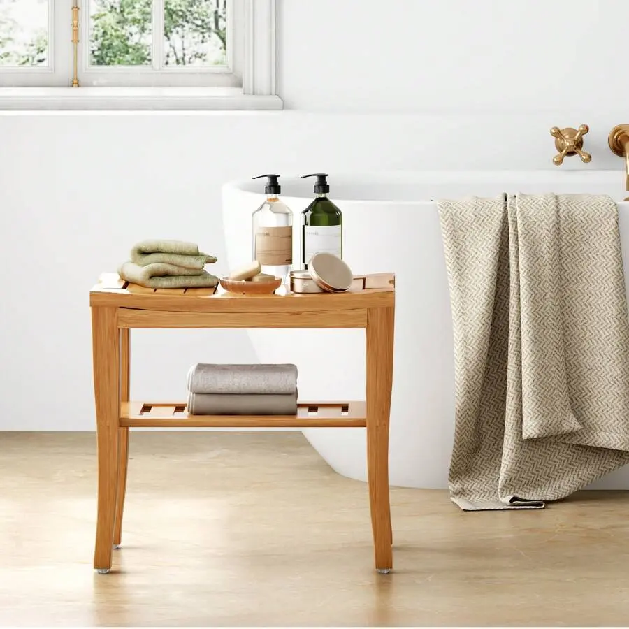 Bathroom Stool, Bamboo Bathroom Stool With Storage Shelf, Storage Shelf Or Seat Bathroom, Living Room, Bedroom, Wooden Colour Home Bathroom Decor Bathroom Organizer Bathroom Accessories