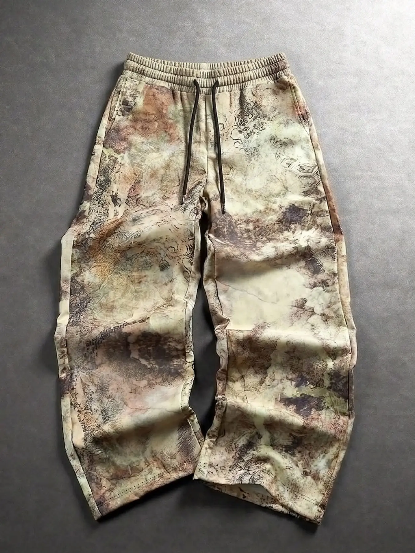 Men's Trendy Long Pants, Casual Pants, Retro Abstract Marble Pattern Wide Leg Drawstring Trousers, Street Style Men's Loose Sweatpants, Fashionable Streetwear, Y2K Grunge Aesthetic, Gorpcore Design, Casual Wear Bottoms for Avant-Garde Outfits