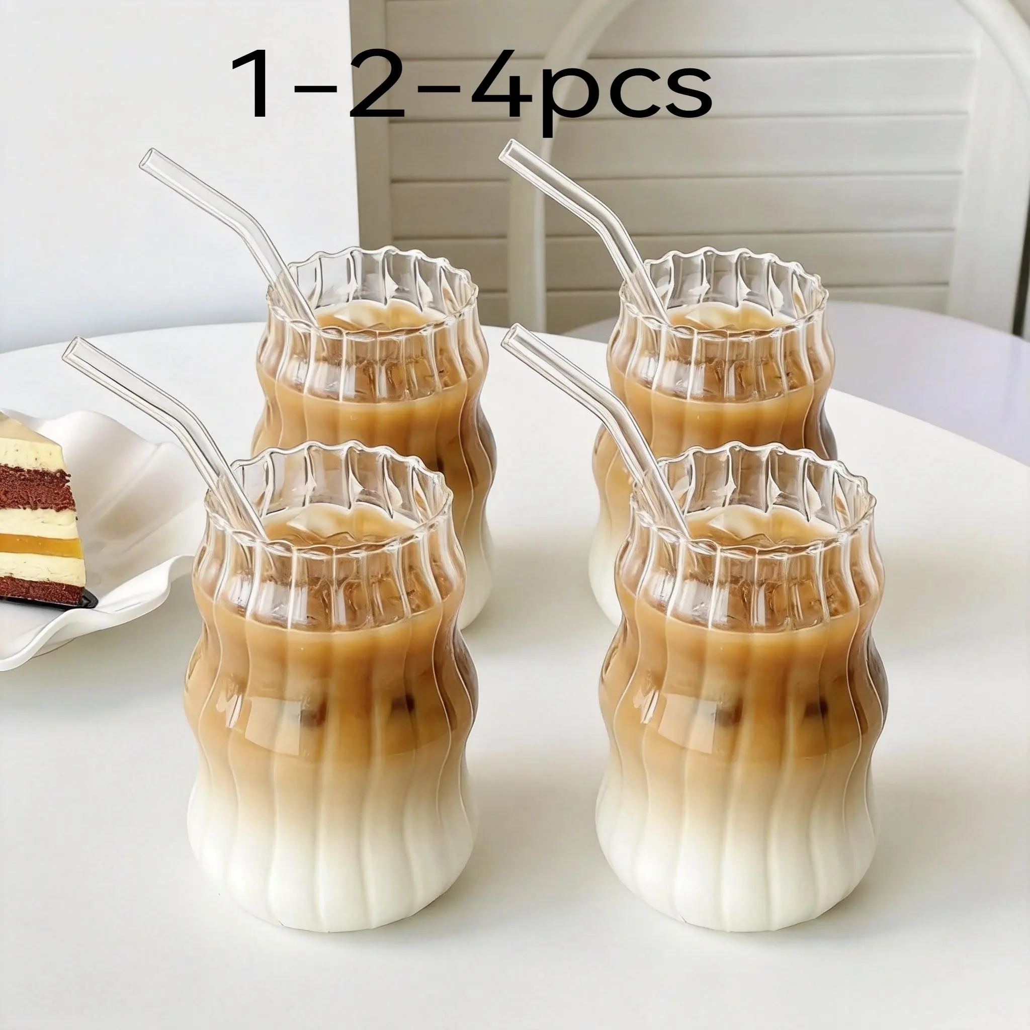 500ML Large Capacity Glass Coffee Cup, Modern Wave/ribbed Design, Ideal for Iced Coffee, Tea, Juice, Barware, Kitchen Drinkware Cups, Glass Beverage Cups, Creative Gift for Women