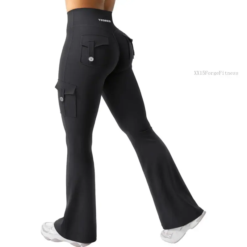 Women Workout Flare Leggings with Pockets Hidden Scrunch High Waisted Cargo Gym Yoga No Front Seam LeggingsXX15ForgeFitness