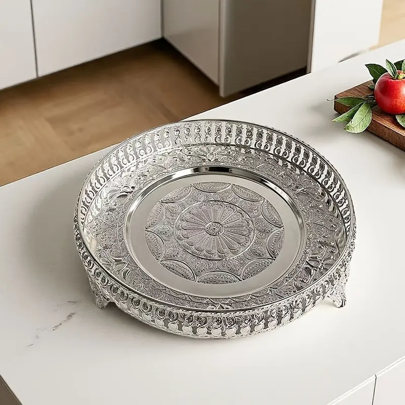 1PC Luxury Style Metal Silver Tray Home Living Room Dining Table Serving Tray Storage Basket Exquisite Home Decoration Bowl Dish Plate Fruit Tray