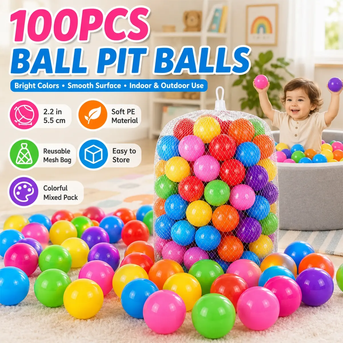 100PCS Ball Pit Balls, Assorted Bright Color 2.2 Inch Soft PE Plastic Hollow Balls with Mesh Bag, Crush-Resistant Lightweight Round Balls for Baby Pool, Indoor Ball Pit, Backyard, Daycare, Birthday Party Decor and Easy Storage