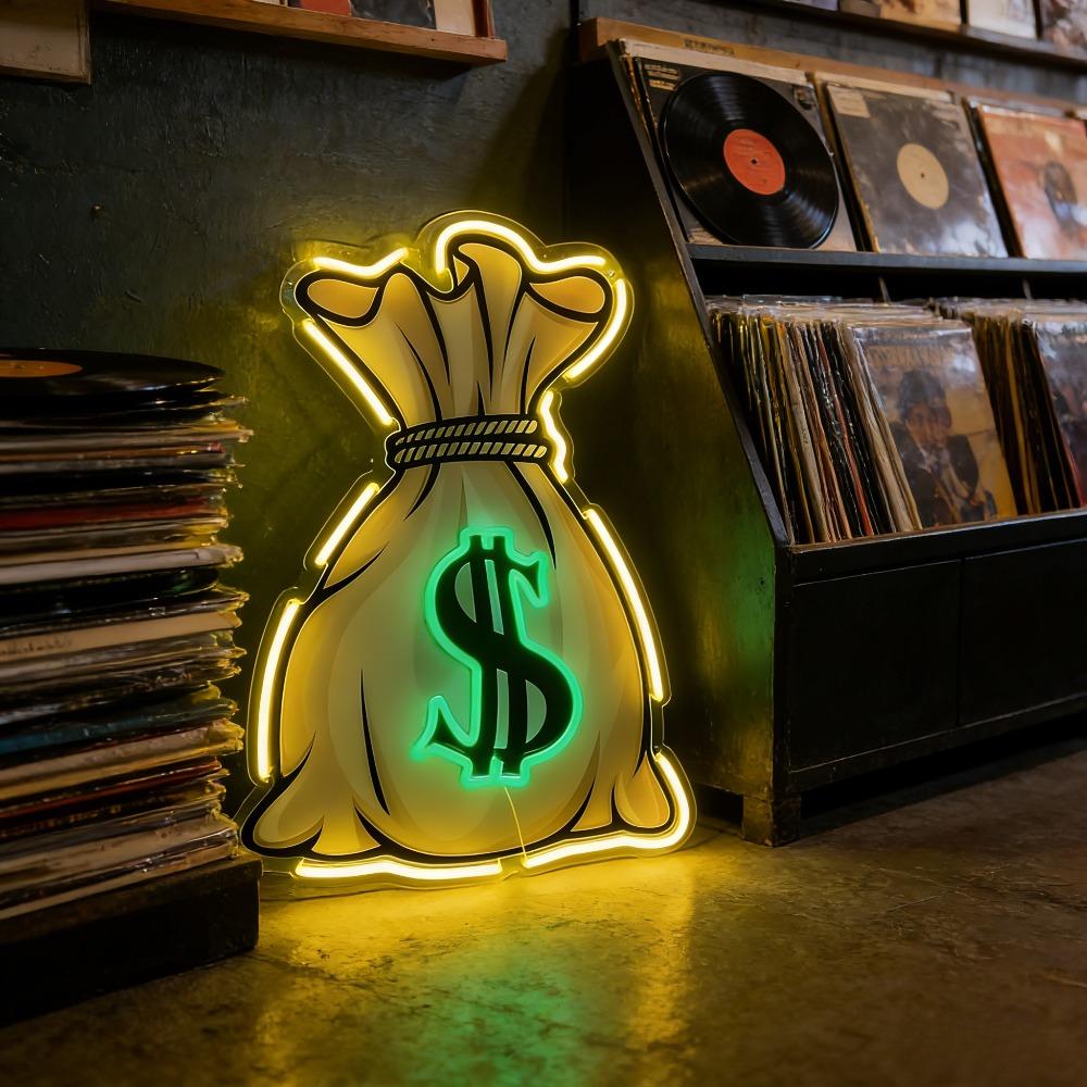 Money Bag Dollar Sign Neon Sign, USB Powered Dimmable Warm Yellow Green LED Neon Light, Money Themed Wall Decor for Man Cave Bar Game Room Office, Wealth Motivational Gift for Entrepreneurs Gamers Guys, size: 40 x 27 cm
