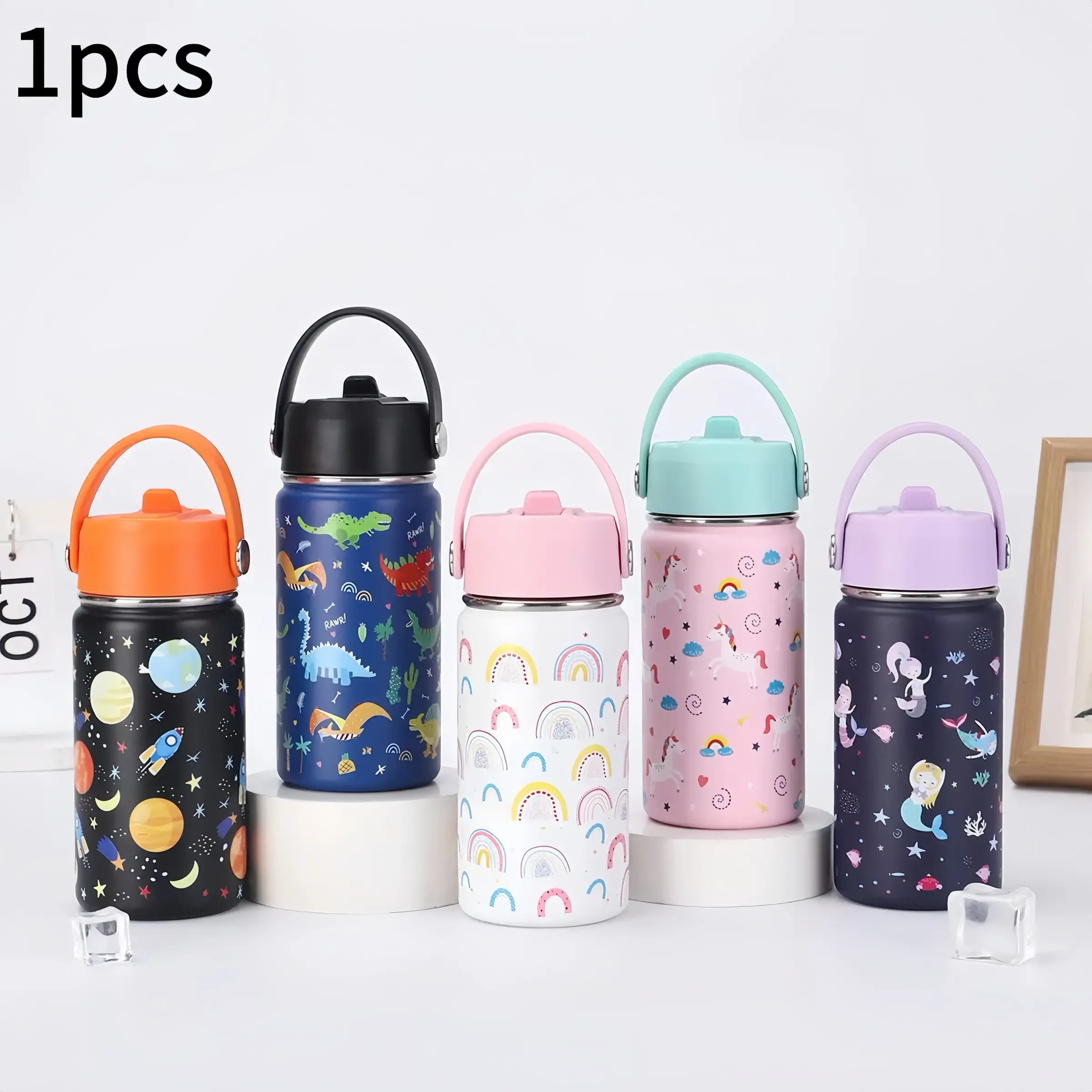 12oz Cute Cartoon Stainless Steel Insulated Tumbler with Straw, Durable Handle, Kids Cup, Birthday Gift, Outdoor, Office, Travel, School