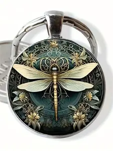 1 PC Fashion DIY Keychain Dragonfly Pattern, Round Glass Keychain for Car Decoration, Perfect Gift for Men and Women, Unique Holiday Present