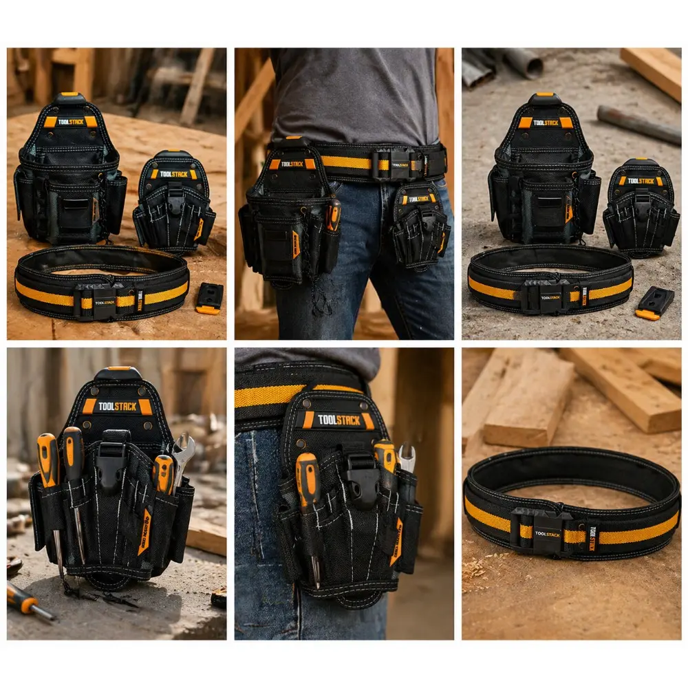 TOOLSTACK 3PCS 1200D Oxford Electrician Tool Belt Set, Adjustable Belt + Multi-Pocket Pouch + Drill Holster for Repair Work