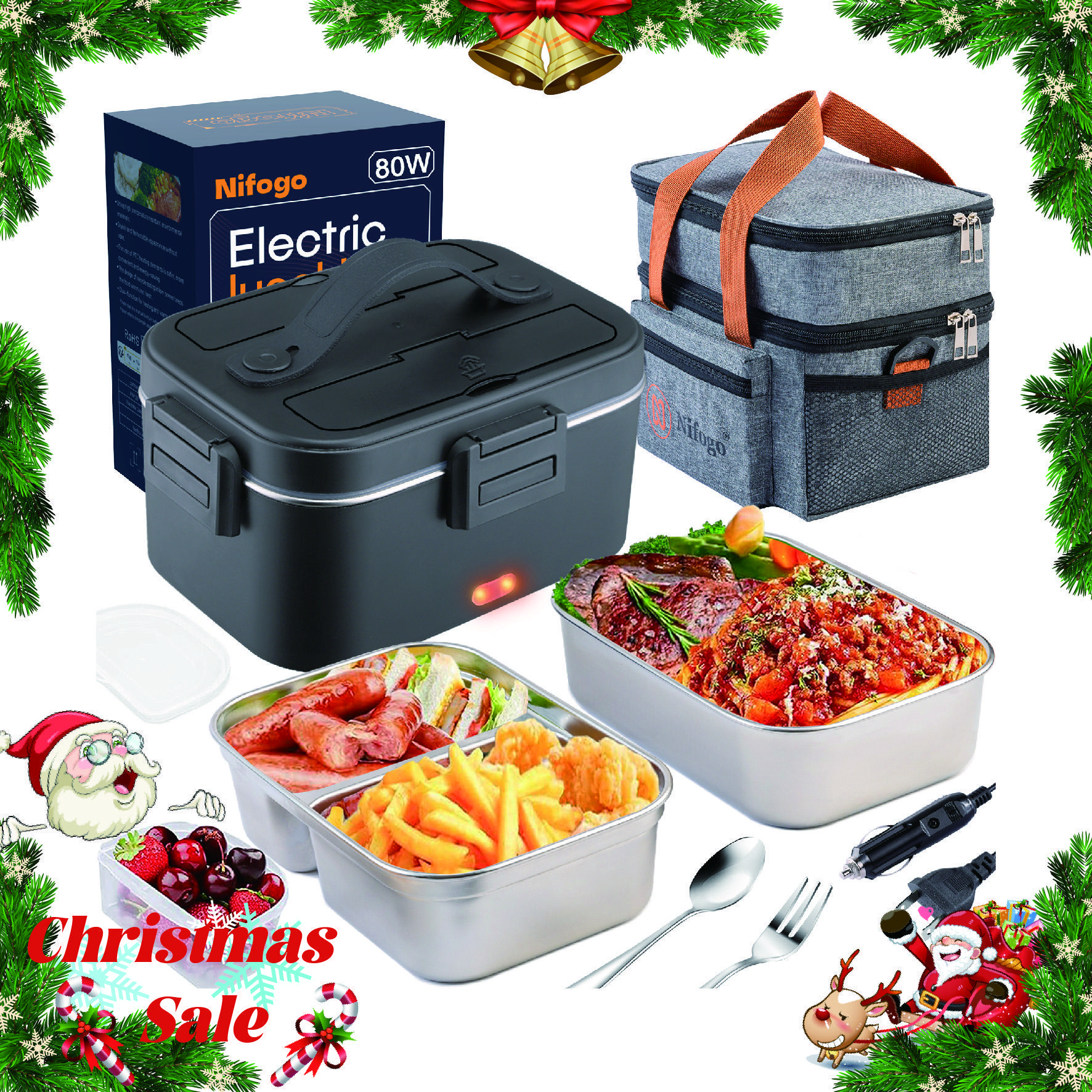 Nifogo Modern Geometric Electric Heated Lunch Box Warmer - 1.8L Stainless Steel Thermal Insulated for Adults, 12V/24V/110V Portable, Fork + Spoon Set, Bag Included, Travel-Friendly Kitchenware for Lunch at Work, Trucks