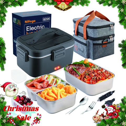 Nifogo Compact Modern Geometric Self Heating Lunch Box - 1.8L (1000-2000 ml) Stainless Steel, 12V/24V/110V Portable Thermal Lunch Box for Adults, Easy to Maintain, Includes Fork-Spoon Set, Insulated Bag, Tableware
