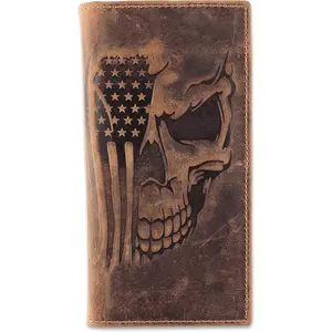F&L CLASSIC Men's RFID Vintage Look Genuine Leather Long Bifold Wallet Checkbook Wallets,brown flag skull,240-103