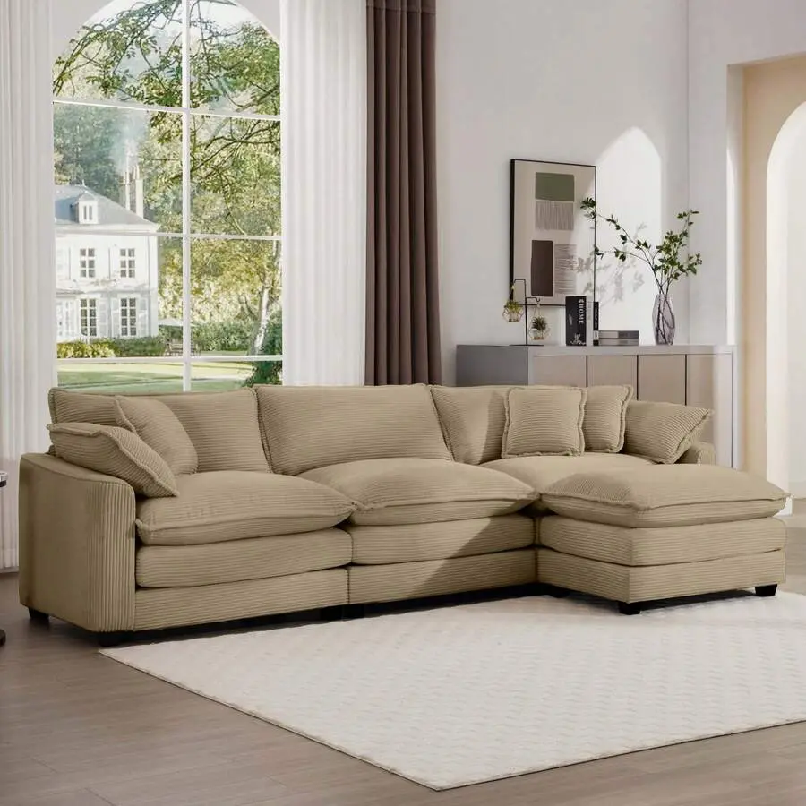 Sectional Sofa Modular Deep Seat 3-Seat Sofa Couch With Ottoman, Comfy Upholstered Furniture Living Room, Corduroy Sofa