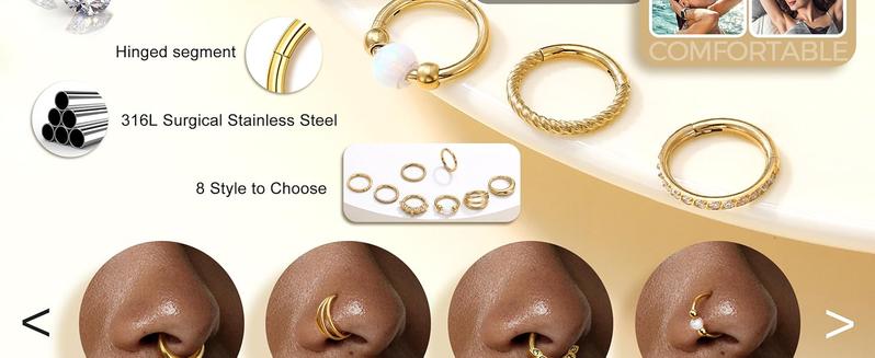 MILACOLATO Septum Nose Rings Hoops - 316L Surgical Steel Septum Rings CZ Opal Silver 14K Plated Gold Hoop Nose Ring for Women 16G/18G Clicker Cartilage Earring Conch Daith Nostril Piercing Jewelry 8mm/10mm 8Pcs
