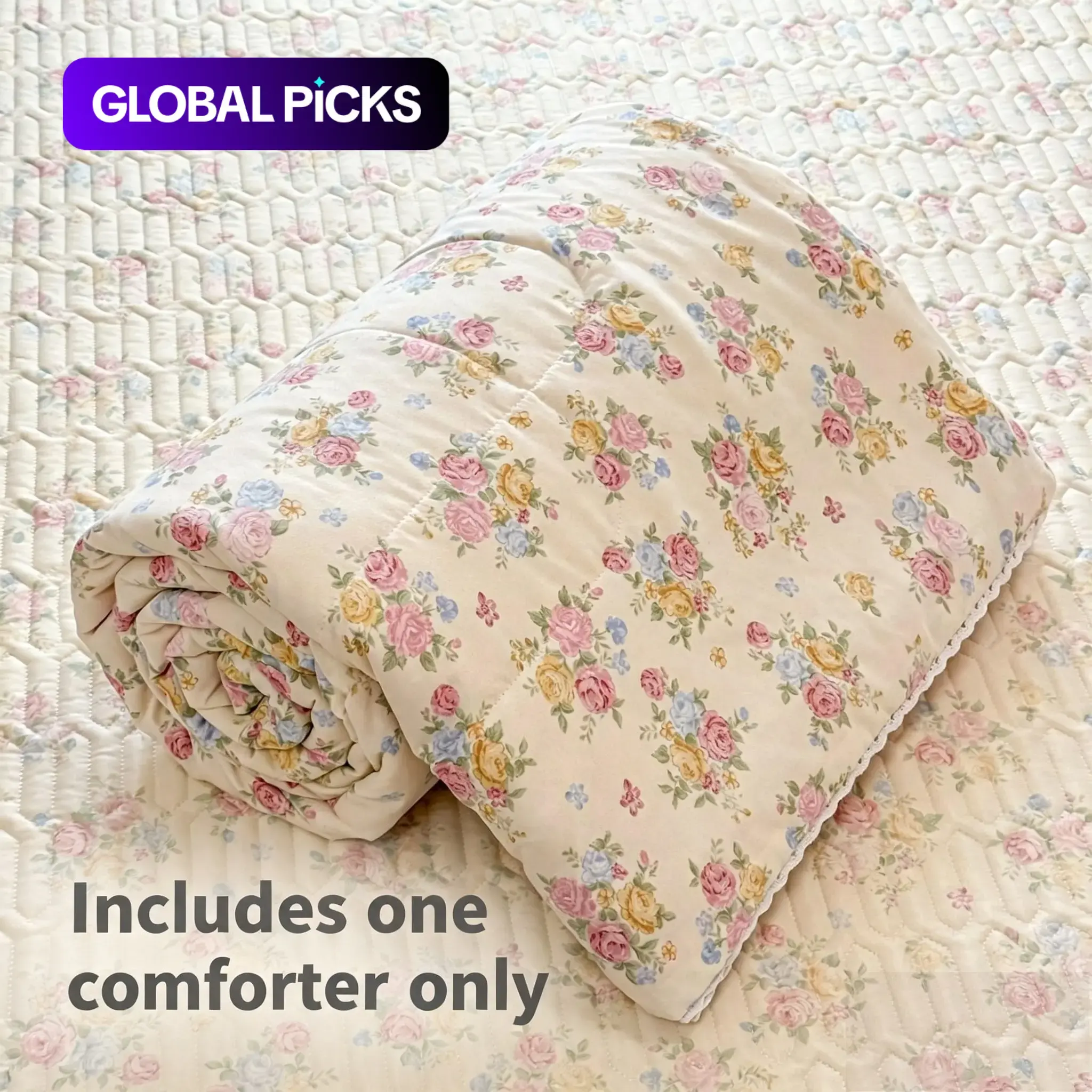 French Vintage Floral Bed Cover with Lace Trim, Soft Breathable Lightweight Quilt. Made of premium microfiber, all-season bedspread, perfect for master bedroom & guest room, multiple sizes available