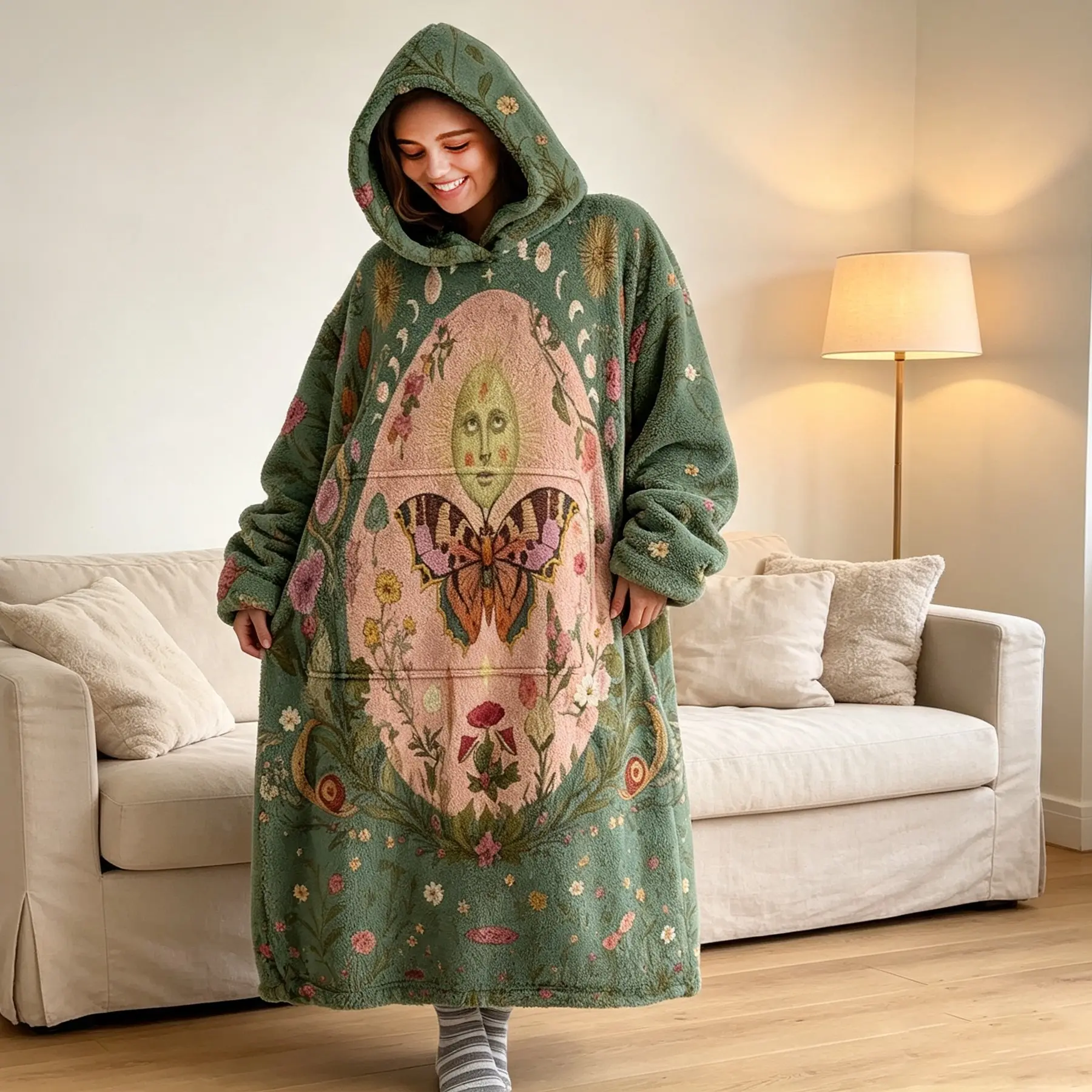 Blue Floral Wearable Hooded Blanket, Unisex Flannel Adult Sweatshirt Blanket, Comfortable with Large Pockets, Perfect Gift Choice, Multifunctional Blanket