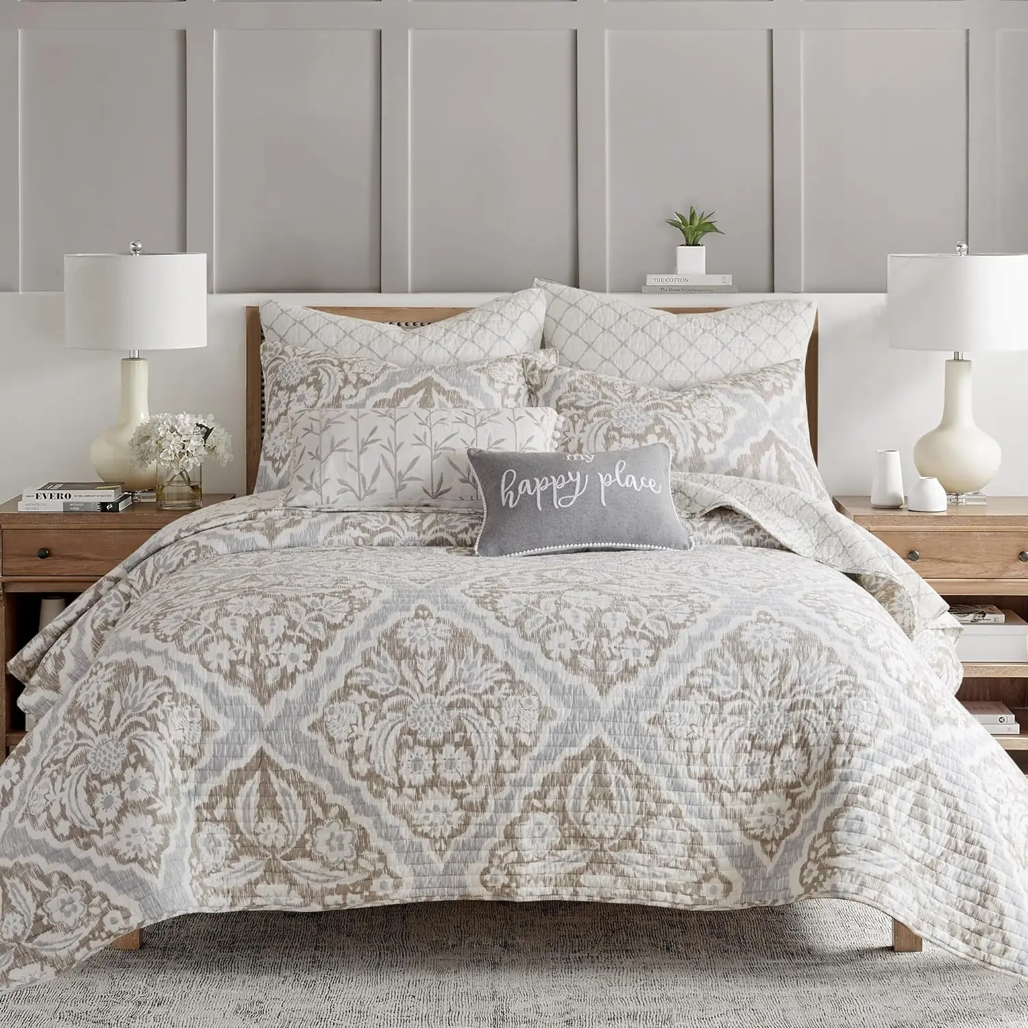 - Becker Taupe Quilt Set -  Quilt and Two  Shams - Ikat - Taupe, Grey and Cream - Quilt (106x92in.) and Shams (20x36in.) - Reversible -