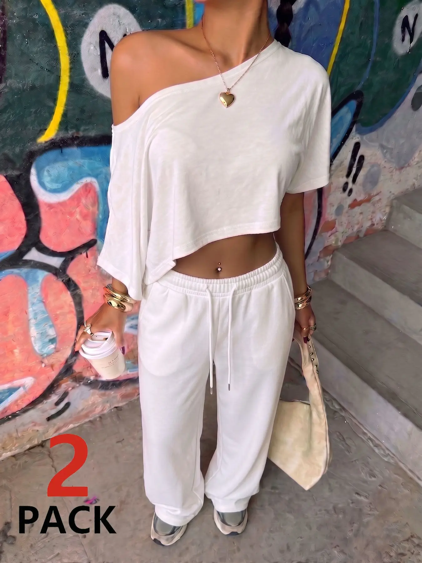 viral tiktok Clean Girl All White Diagonal Off Shoulder Short Sleeve Top Elastic Waist Casual Pants Matching Aesthetic Outfit