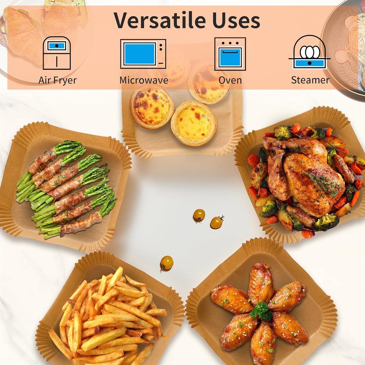 Square Air Fryer Paper Liner, 100 pcs Non-stick Disposable Paper Liner for Baking, Roasting, Microwave, Food Grade Baking Tray for Home Kitchen Restaurant (6.3IN)