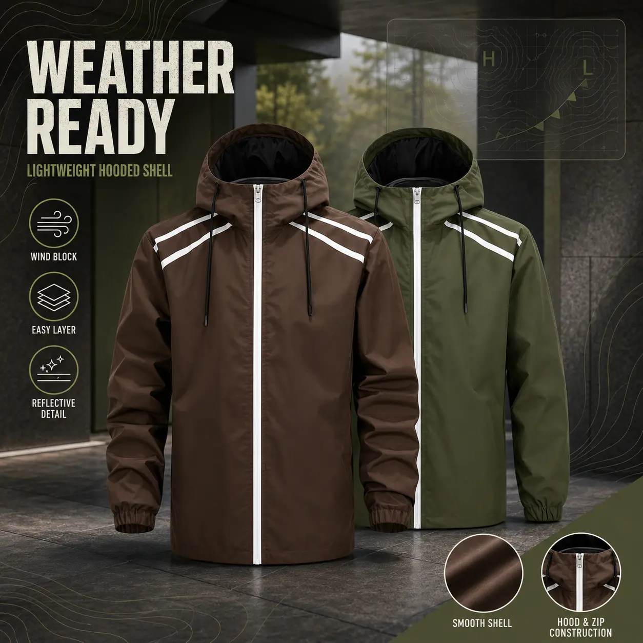 Men's Hooded Windbreaker Jacket White Stripe Zip Up Lightweight Windproof Casual Outdoor Sports Coat