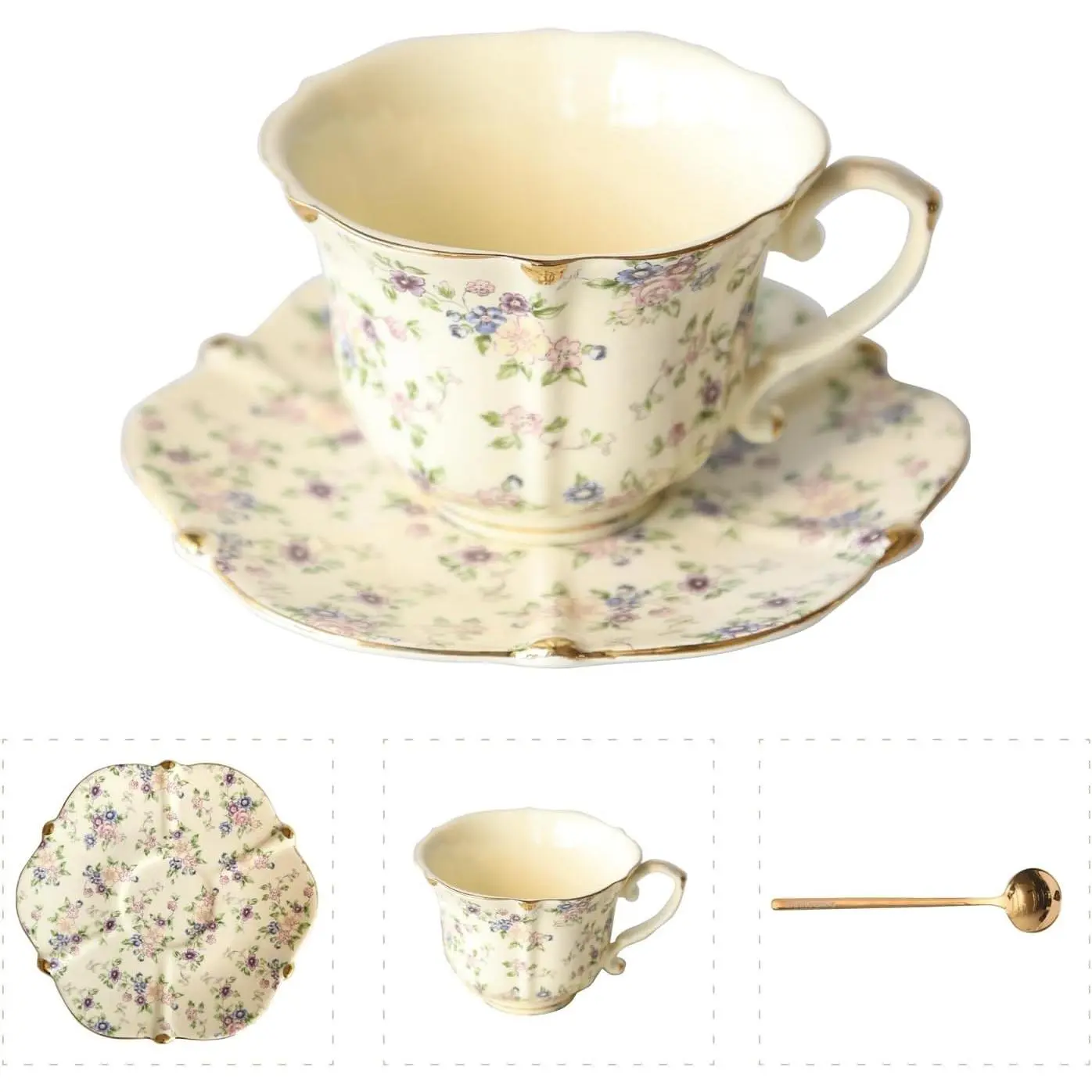 Vintage Floral Porcelain Tea Cup and Saucer Set with Spoon, Gold Trim, 6.4 oz Beige 1 Set, Suitable for Tea, Espresso & Coffee