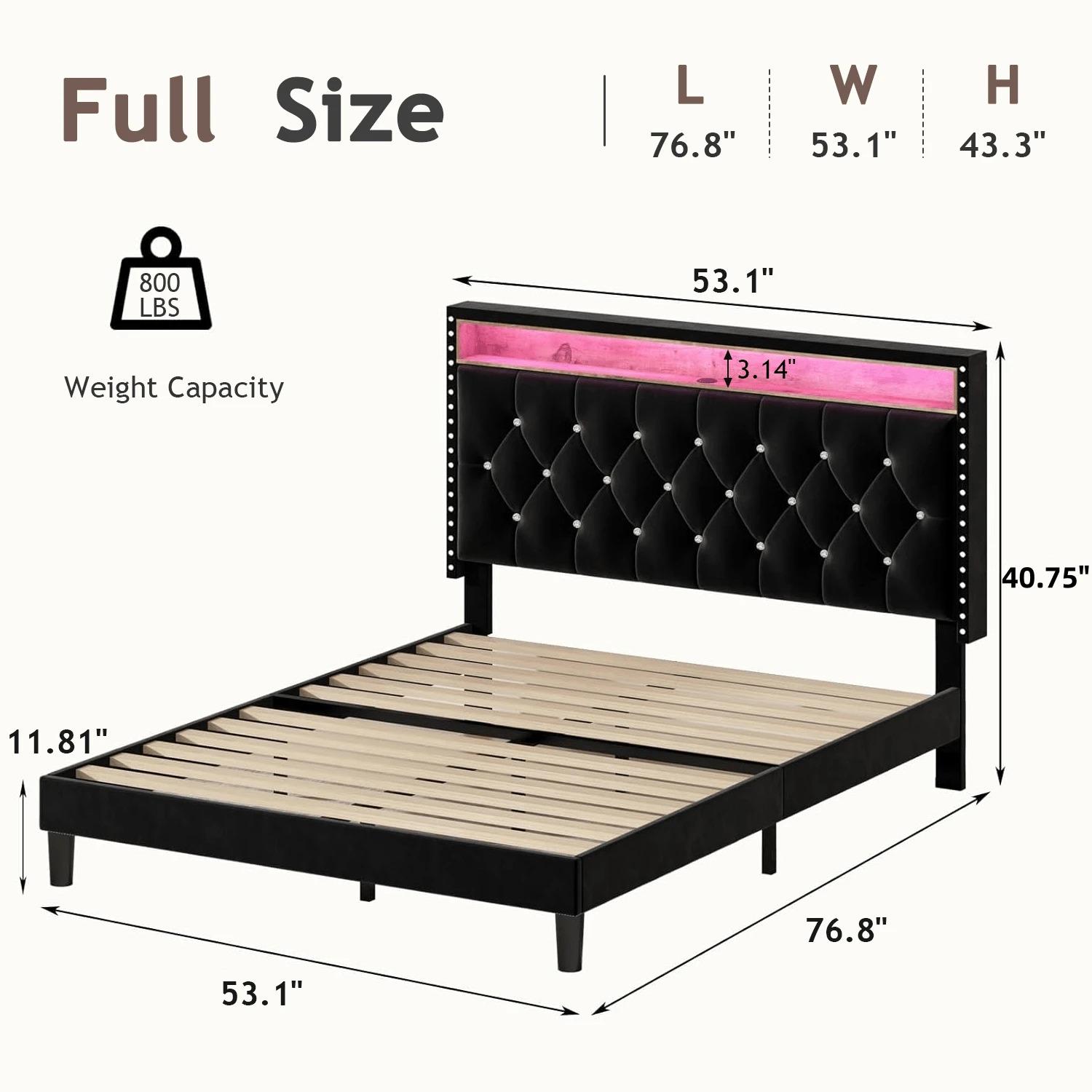 LED Bed Frame With Storage Shelf Headboard, Velvet Upholstered Bed Frame With Charging Station, Modern Bed Frame With Diamond Tufted Headboard, No Box Spring Needed, White/ Black, Full/ Queen/ King  (USB LED Strip)