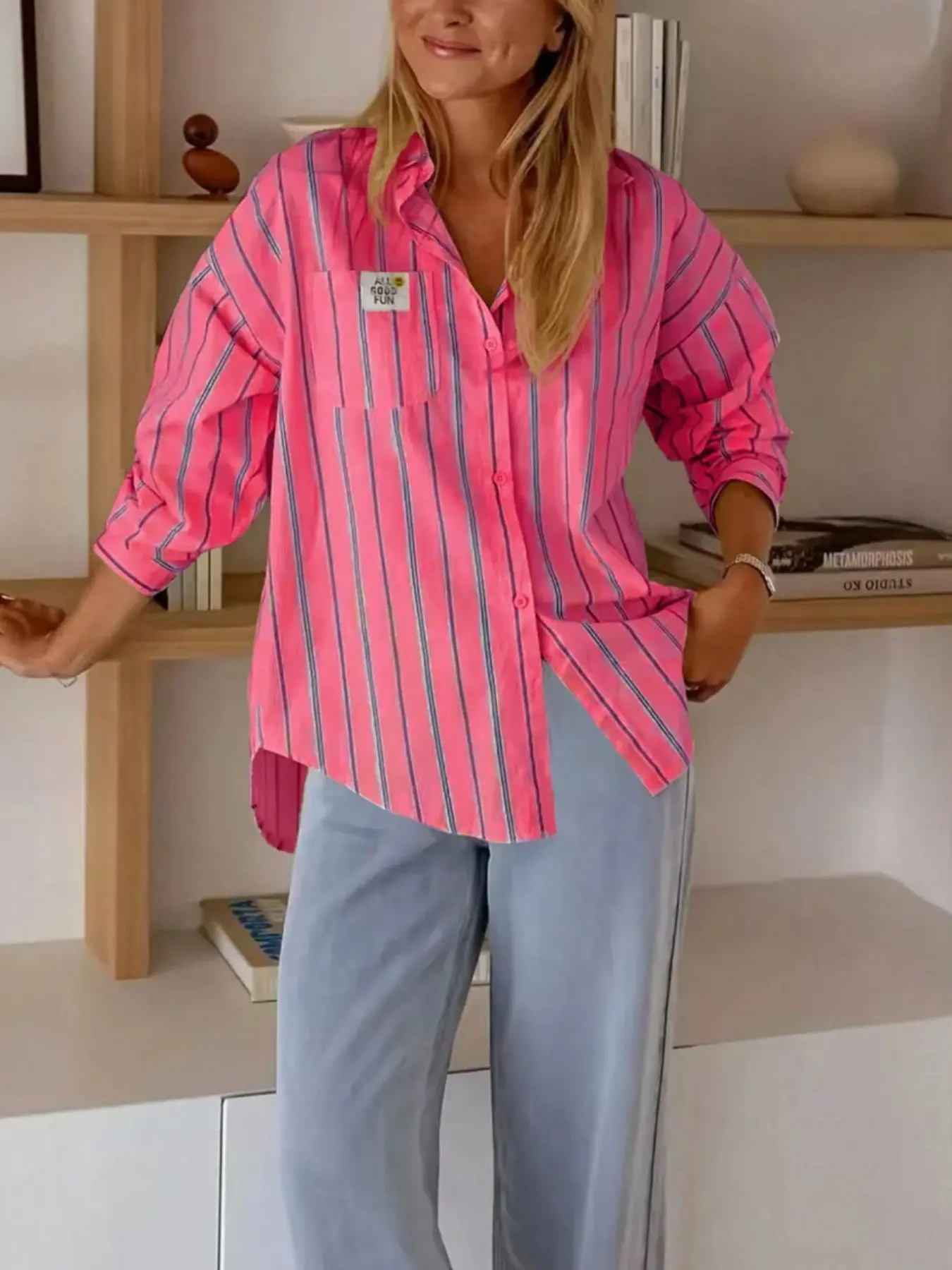 Women's Casual Baggy Striped Pocket Front Button Back Long Sleeve Shirt, Spring Fashion, Comfortable and Stylish Design