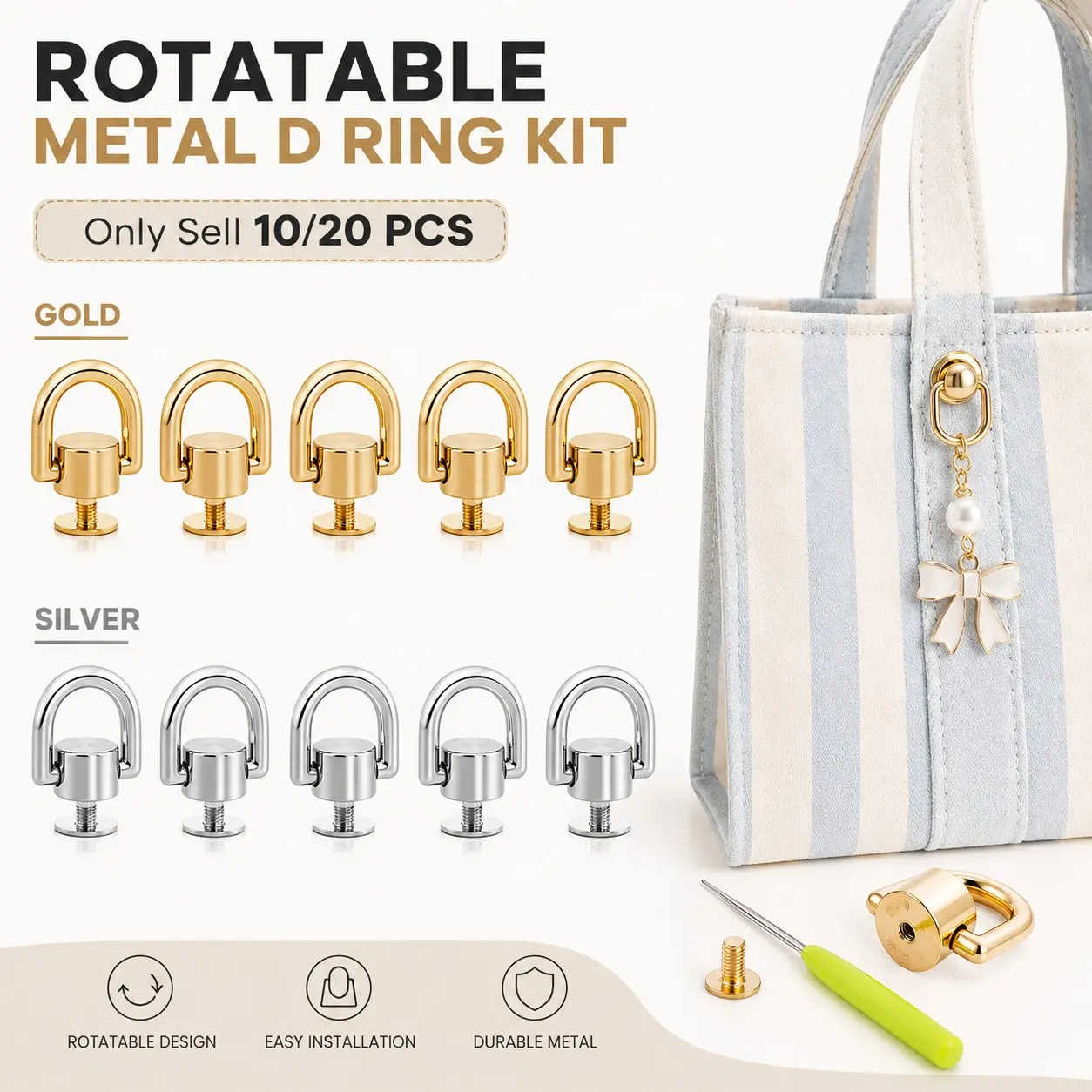 10/20 PCS D Ring for Purse, Rotatable Metal D-Ring with Rivets and Stud Screws, Crossbody Conversion Kit for Tote Bags, Handbags and DIY Leather Craft