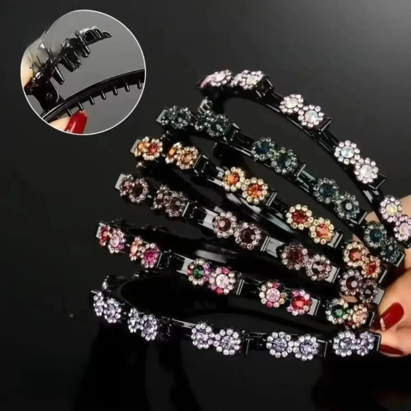 6Pcs/1Pcs Rhinestone Flower Hairband with Non-Slip Teeth, Bangs & Flyaways Fixing Tool, Stylish Braiding Headband for Women
