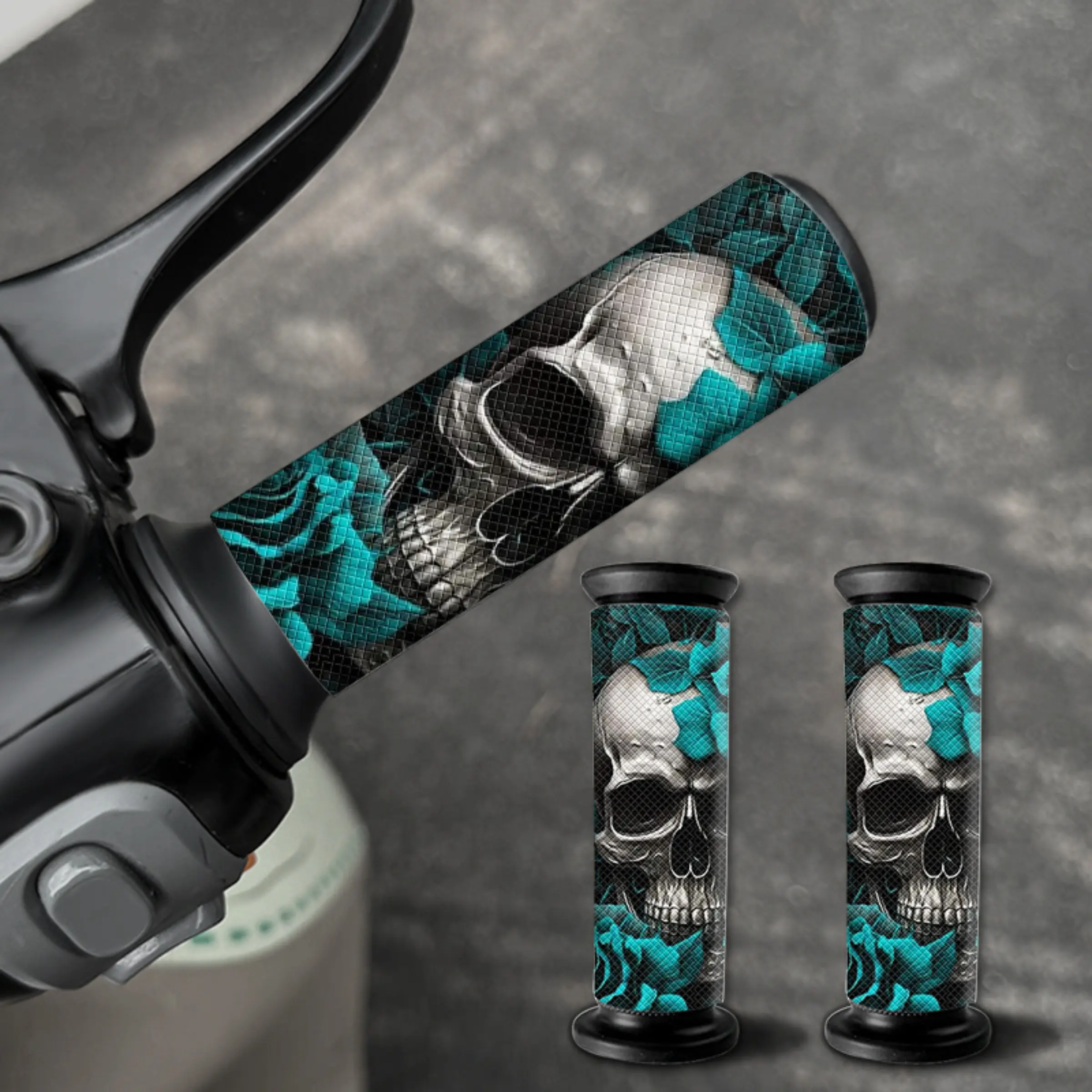 Unique Skull Design Motorcycle Handlebar Set Sticker, Blue Rose Waterproof Durable Vinyl Decal for Scooter and Bike Personalization, Perfect for Halloween Decorations and Motorcycle Accessories, Ideal for Hobbyists