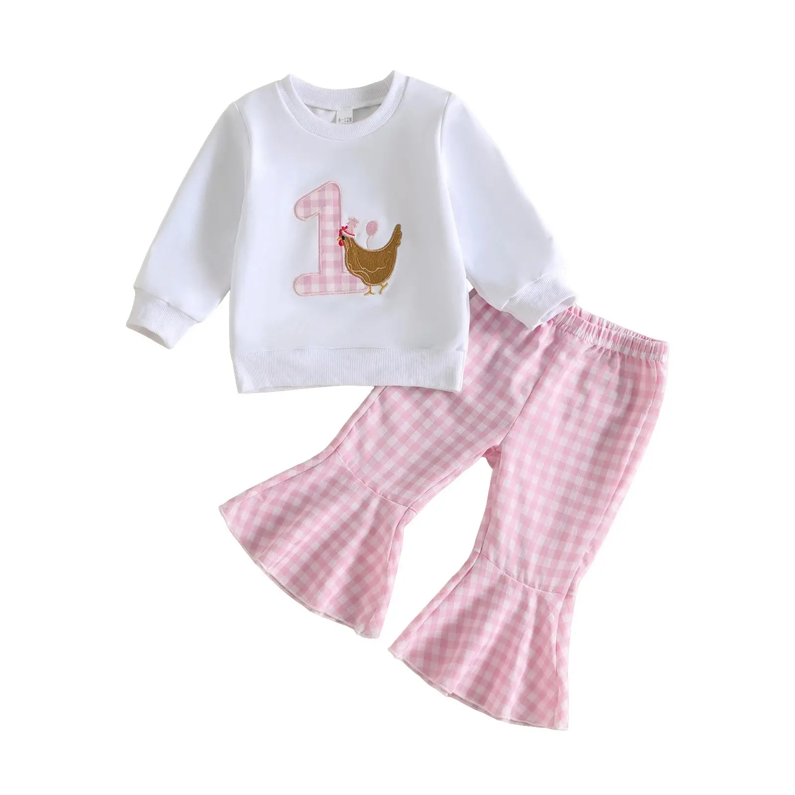 Infant Baby Girls My First Birthday Outfits Chick Embroidery Sweatshirt and Plaid Pants Set Fall Winter 6-18 Months
