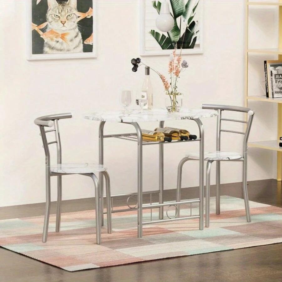 3-Piece Space-Saving Round Dining Set for 2, Kitchen Breakfast Nook Table & Chairs with Built-In Wine Rack, Wood Grain Tabletop & Metal Frame