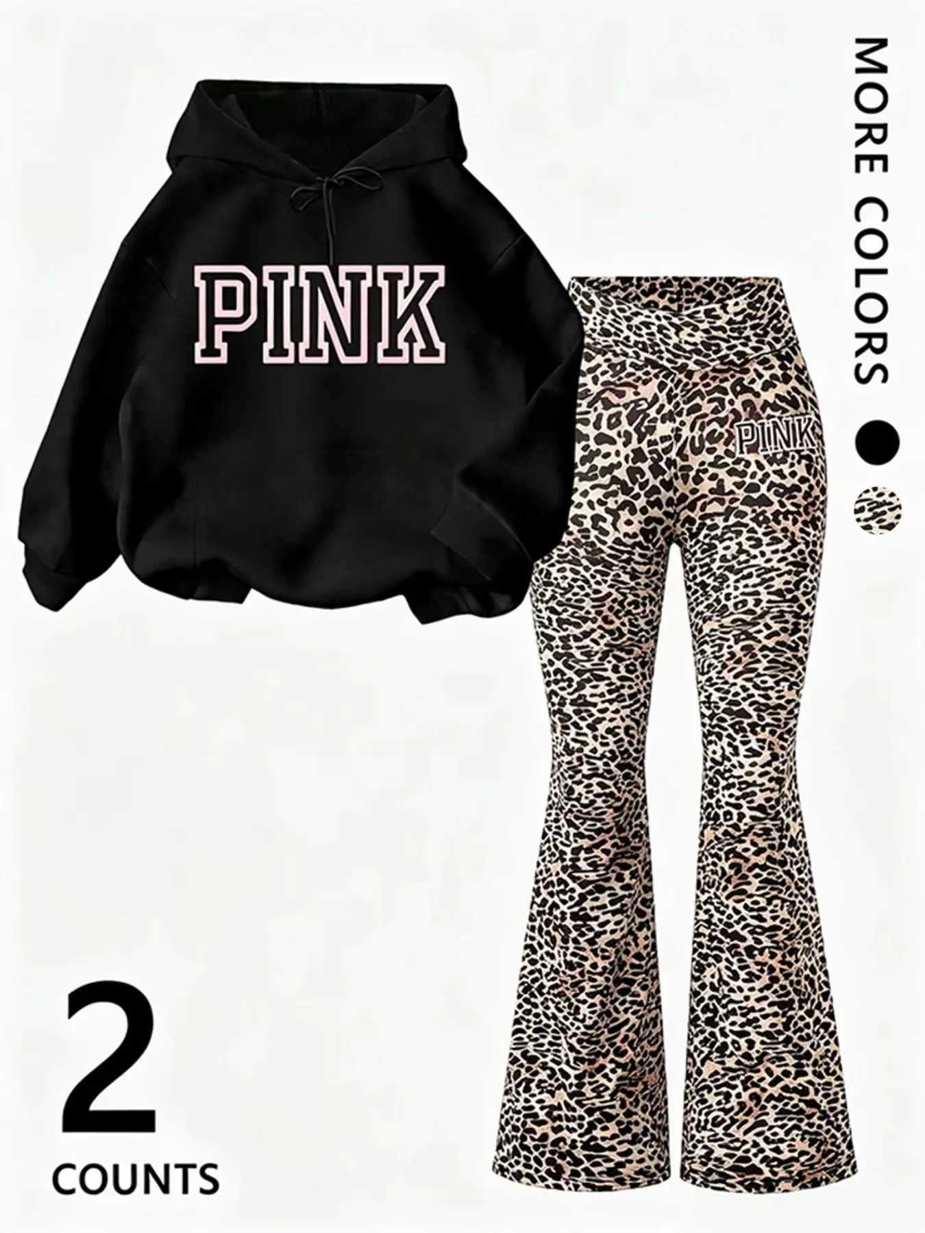 American Style College Wind Hoodie Set, Multi-Color Hooded Sweatshirt with and Leopard Print Pants, Casual Slim Fit Two-Piece Set