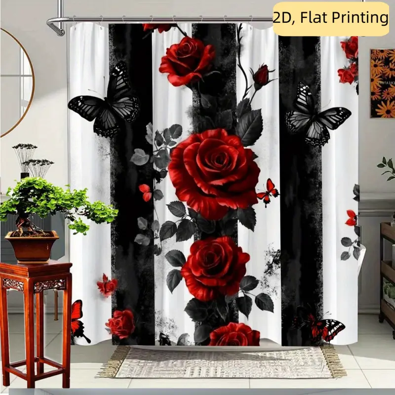 1-Piece red rose and butterfly shower curtain for bathtubs, flat floral design with hooks, elegant bathroom decorative curtain for bathtub enclosures, suitable for modern bathrooms