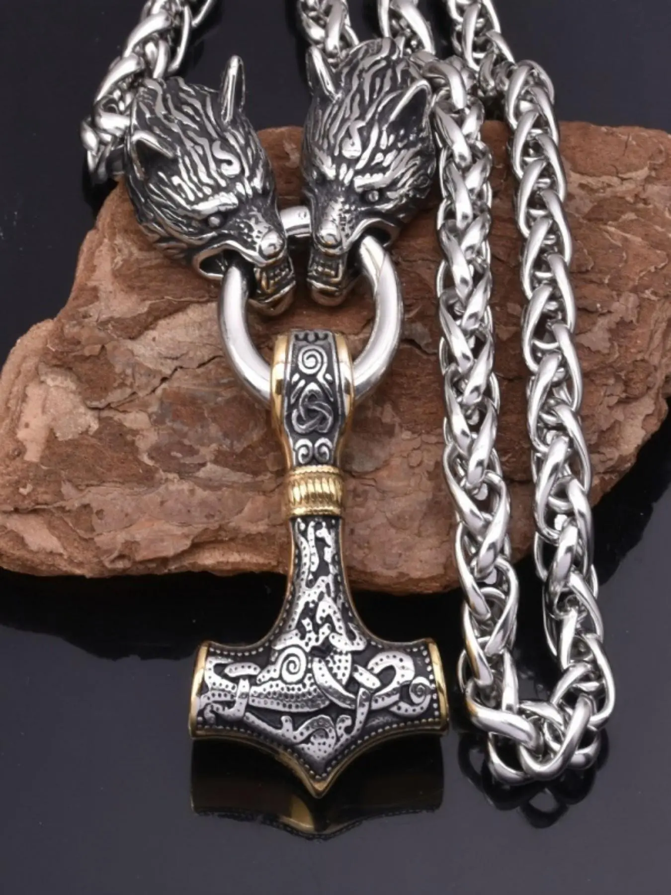 Vintage Rune Thor Hammer Wolf Head Necklace Pendant, Punk Retro Style, Anti-Fade Stainless Steel Chain, Cool Men's Fashion Accessory, Gift Ready, Costume Jewelry Necklace