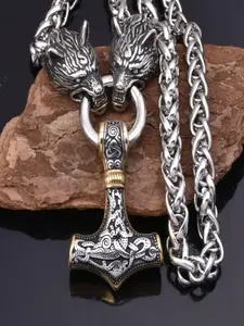 Vintage Rune Thor Hammer Wolf Head Necklace Pendant, Punk Retro Style, Anti-Fade Stainless Steel Chain, Cool Men's Fashion Accessory, Gift Ready