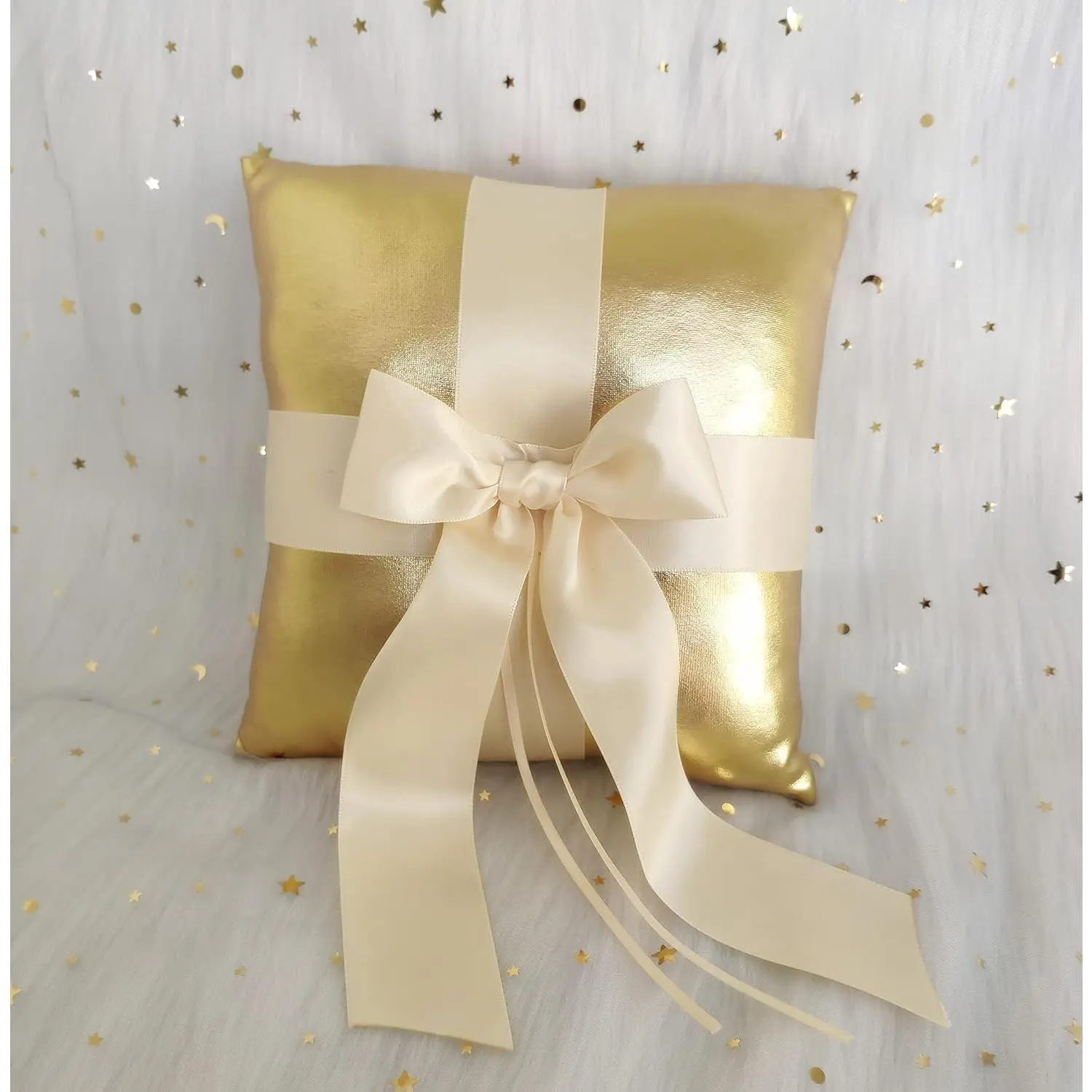 Gold Wedding Ring Pillow Cushion Bearer with Champagne Ribbon Bows Décor for Wedding Ceremony, Anniversary Vow Renewal Party Favor - Gold & Beige Pillow
