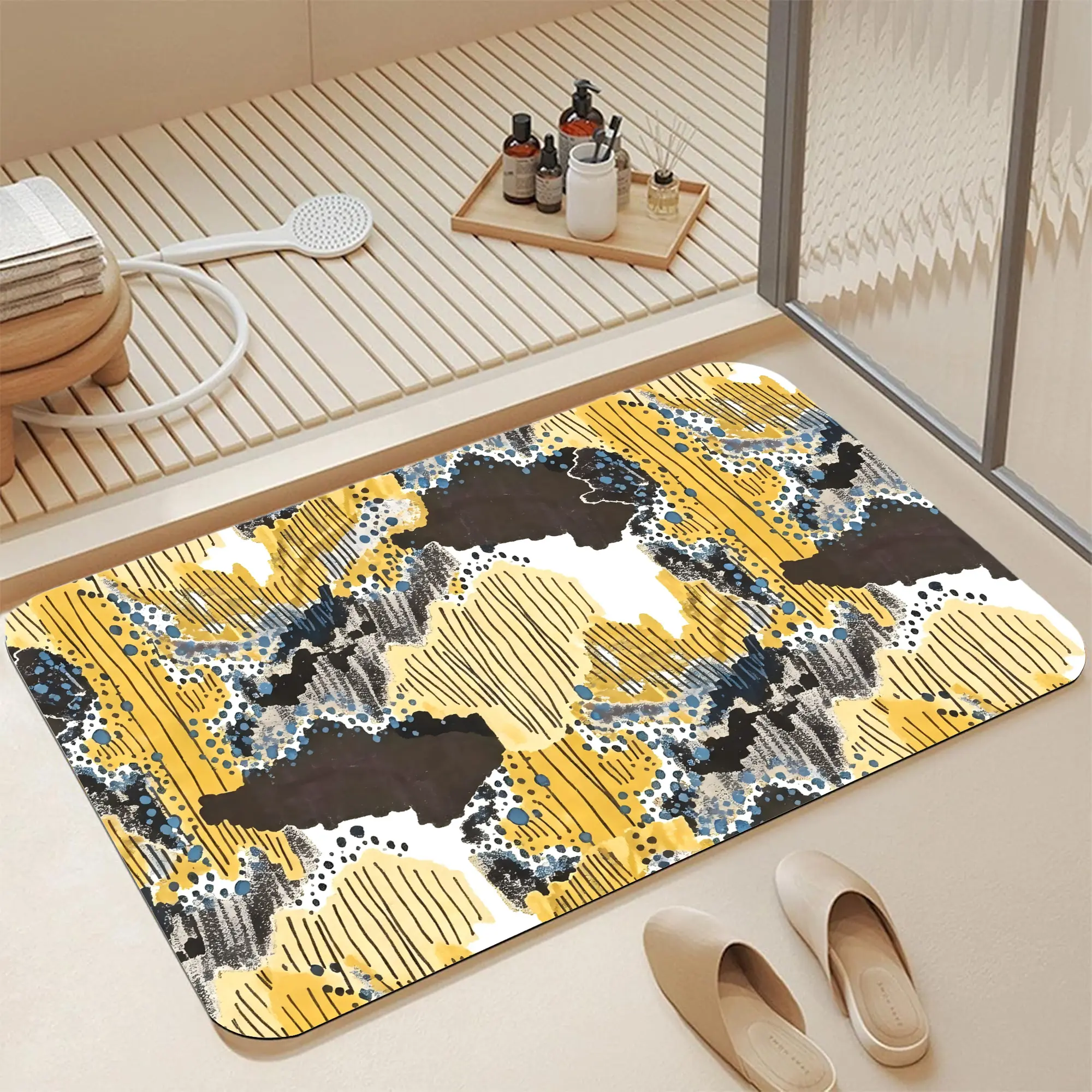 16*24" Mustard Yellow Black Blue Ink Streak Dot Abstract Diatomite Bath Mat |   Instant Dry Non Slip Modern Watercolor Brush Stroke Spot Abstract Print Diatomaceous Earth Bath Mat Fast Absorbent Contemporary Geometric Splash Line Art Diatomite Shower Rug