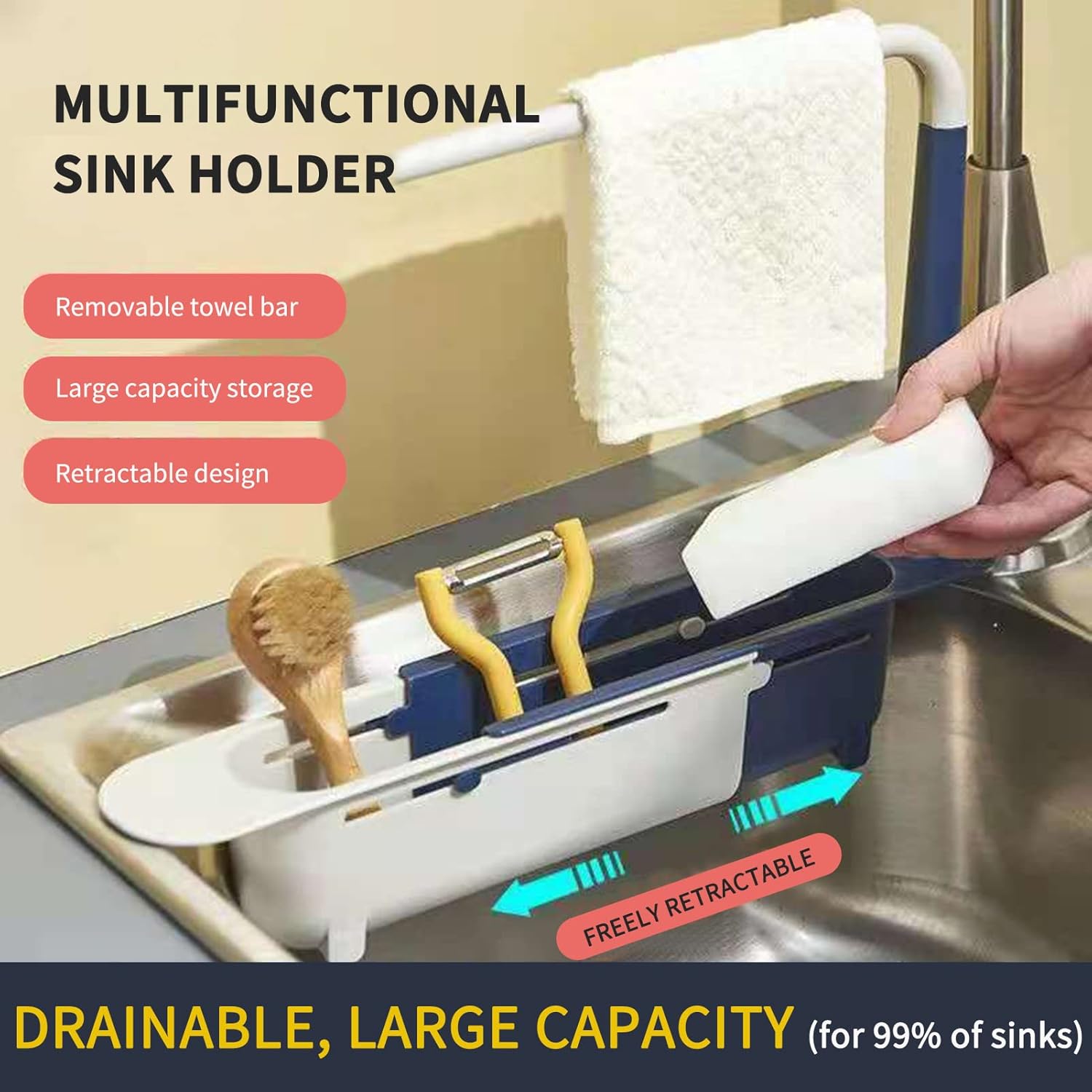 Adjustable Telescopic Thick PP Retractable Sink Organizer - Kitchen/Bath Functional Rack with Cloth Hanging Rod, Hollow Drainage Side Boards with Drain Holes for Cleaning Supplies, Adjustable Size Feature