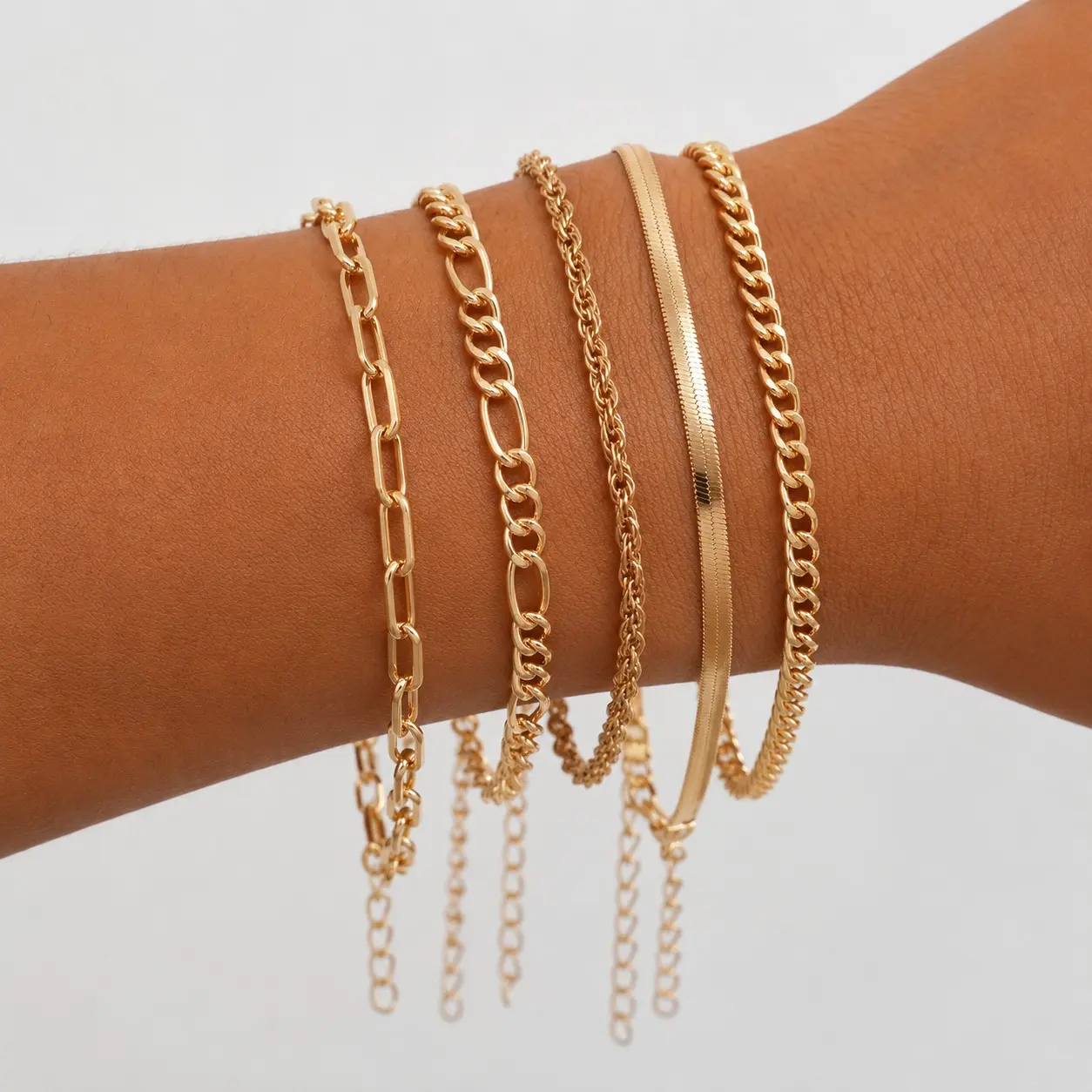 Women's 5-Piece Adjustable Layered Alloy Brass Bracelet Set - Gold or Silver-Tone Paperclip, Rope, Curb, Herringbone Costume Fashion Jewelry Accessories