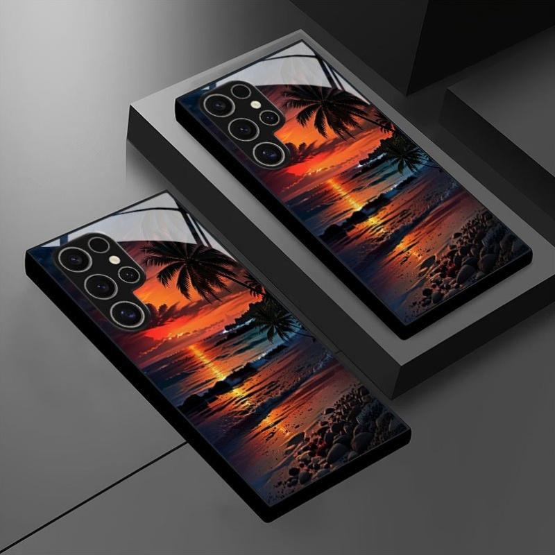 Phone Case: Sunset Beach Coconut Tree Scenic Pattern Design Black Tempered Glass Phone Case Suitable for Samsung Galaxy S26 S25 S24 S23 S22Pro S21 S20 Fe Plus Ultra Pro A56 A55 A54 A53 A52 A51 A36 A35 A34 A32 A26 A25 A24 A23 A16 A15 A14 A06 A05 A03s
