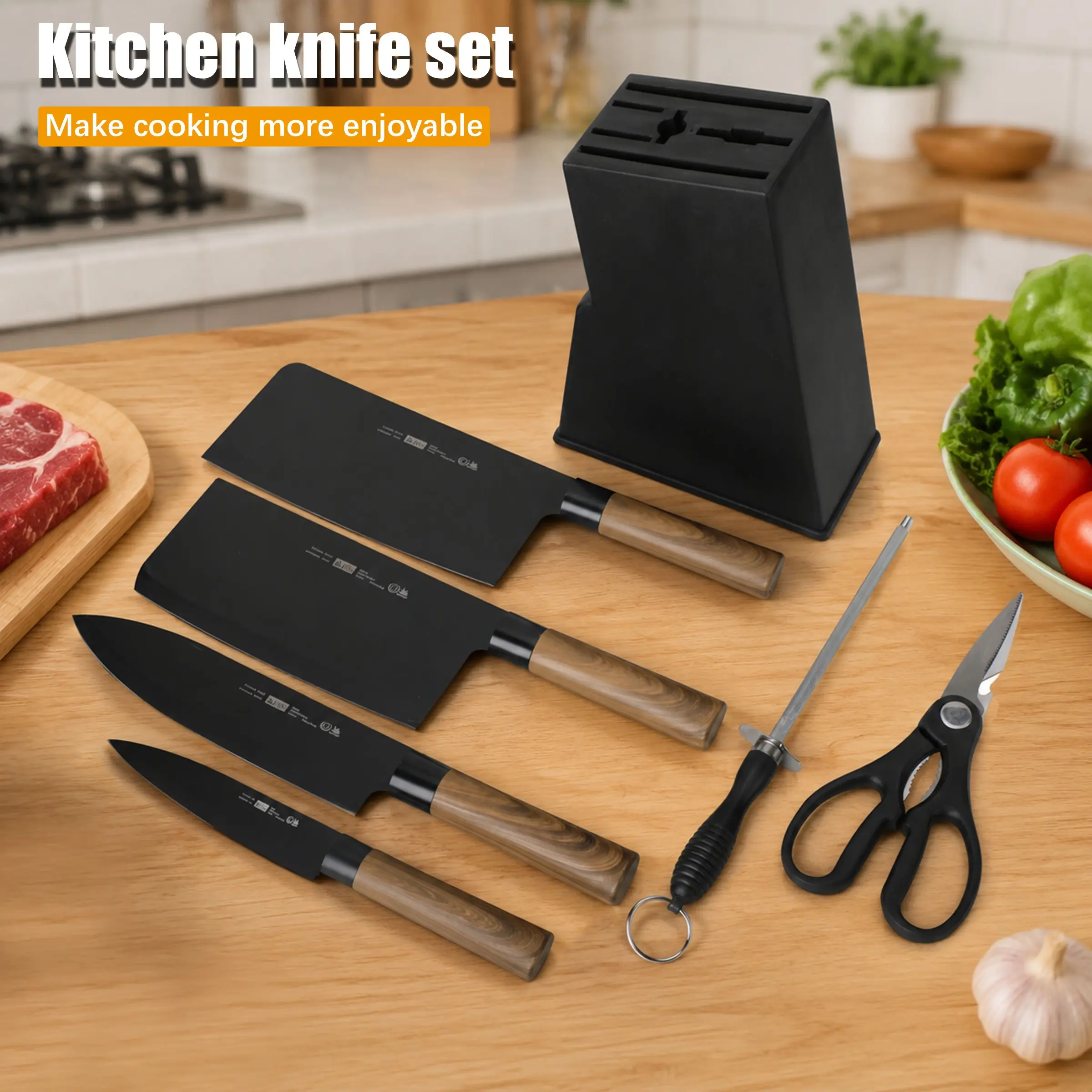 Anti-Rust Wooden Texture Knife Set, 6-Piece Kitchen Cutlery Kit with Knife Holder, Home Cooking Tools, Chef's Knife, Slicer Knife Combo