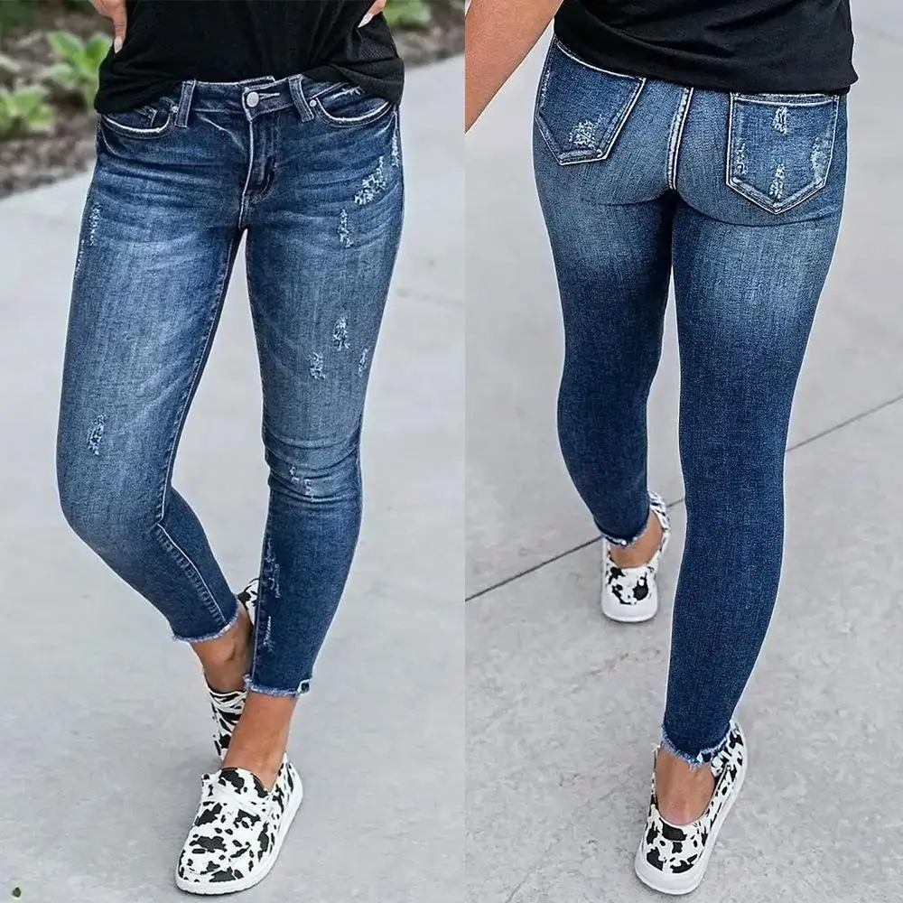 Women's High-Waist Streetwear Denim Trousers, Slim Fitted Slight Flare with Distressed Raw Hem, Cropped Ankle Length, Minimalist, Basic, Bottom, Pants Jean Womenswear