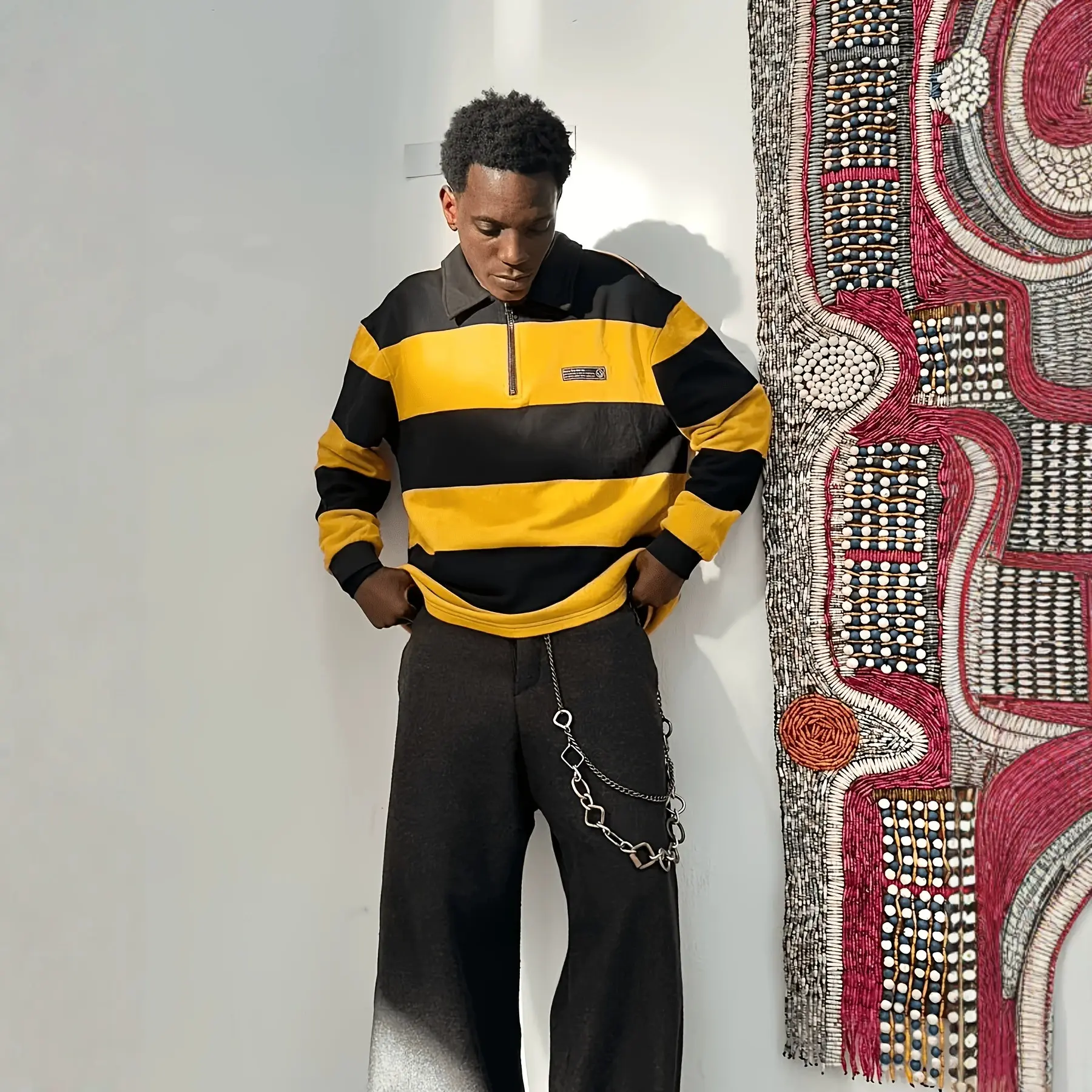 Men’s Vintage Color Block Striped Polo Sweater, Quarter Zip Embroidered Knit Pullover, Relaxed Fit Long Sleeve Streetwear Jumper for Fall and Winter