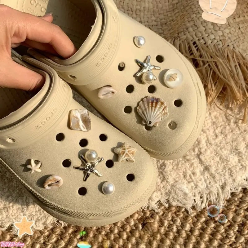 Premium Metal Alloy Natural Shell Croc Charms, Detachable Luxury Clog Decor Pins, Elegant Marine Shoe Ornament Accessories for Custom Summer Beach Casual Sandals DIY Styling