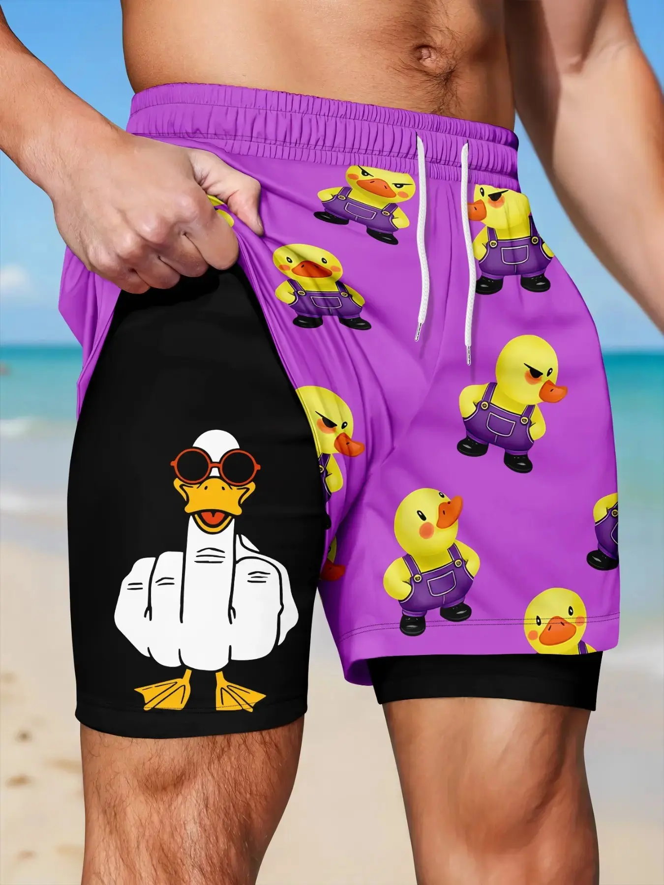 Men's Dual-Layer Anti-Abra Swing Shorts, Back Strap Small Duck Full Print Outer Pants, Quick-Dry Drawstring Waist Beach Surfing Casual Shorts